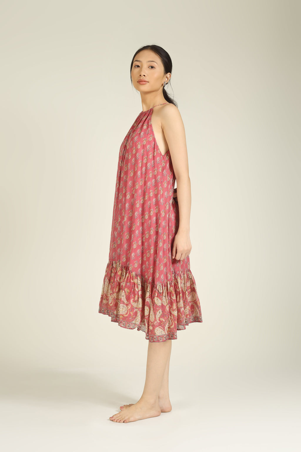 Pink Printed Halter Neck Mulmul Dress for Women - gallery