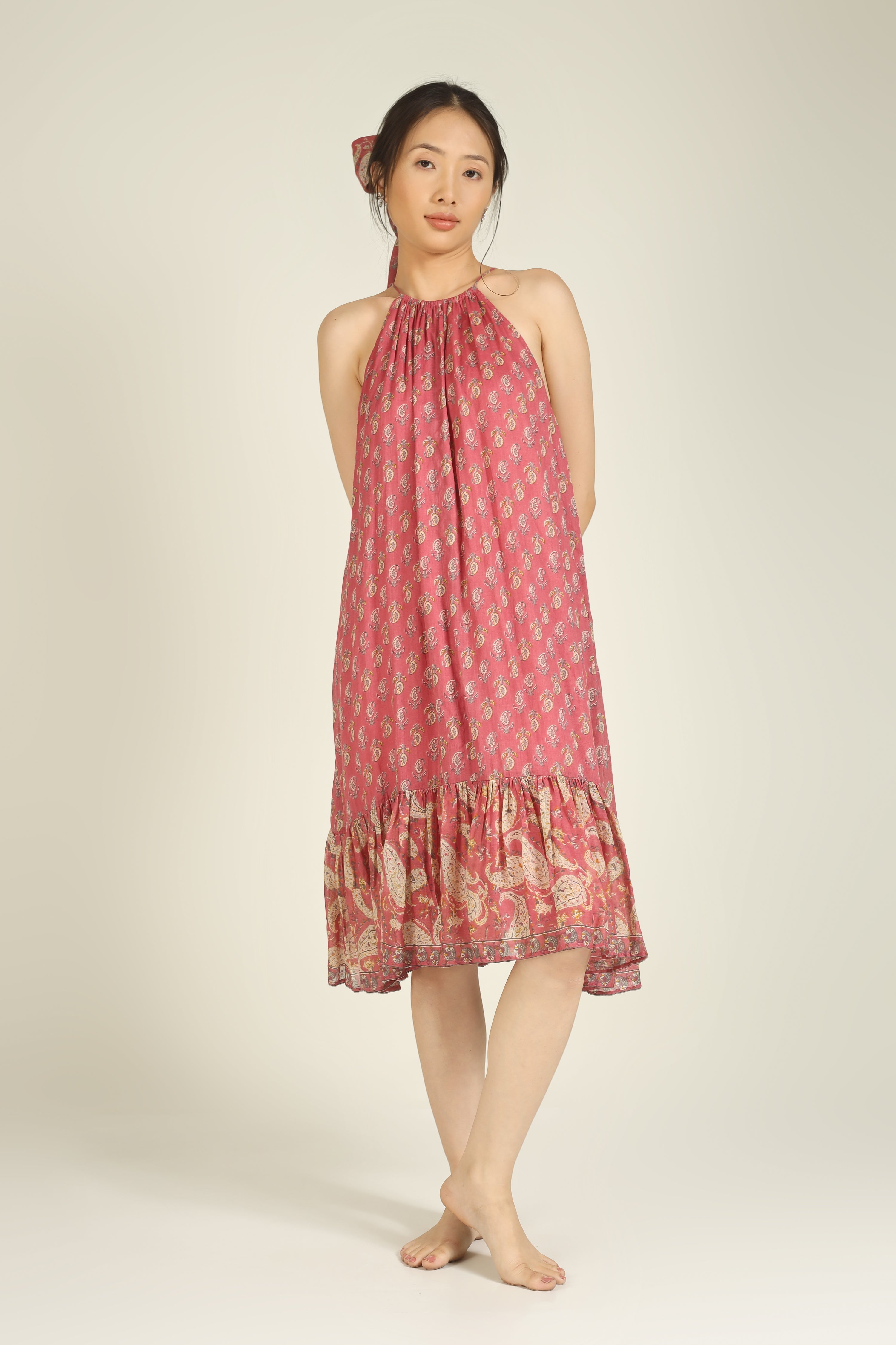 Pink Printed Halter Neck Mulmul Dress for Women - gallery