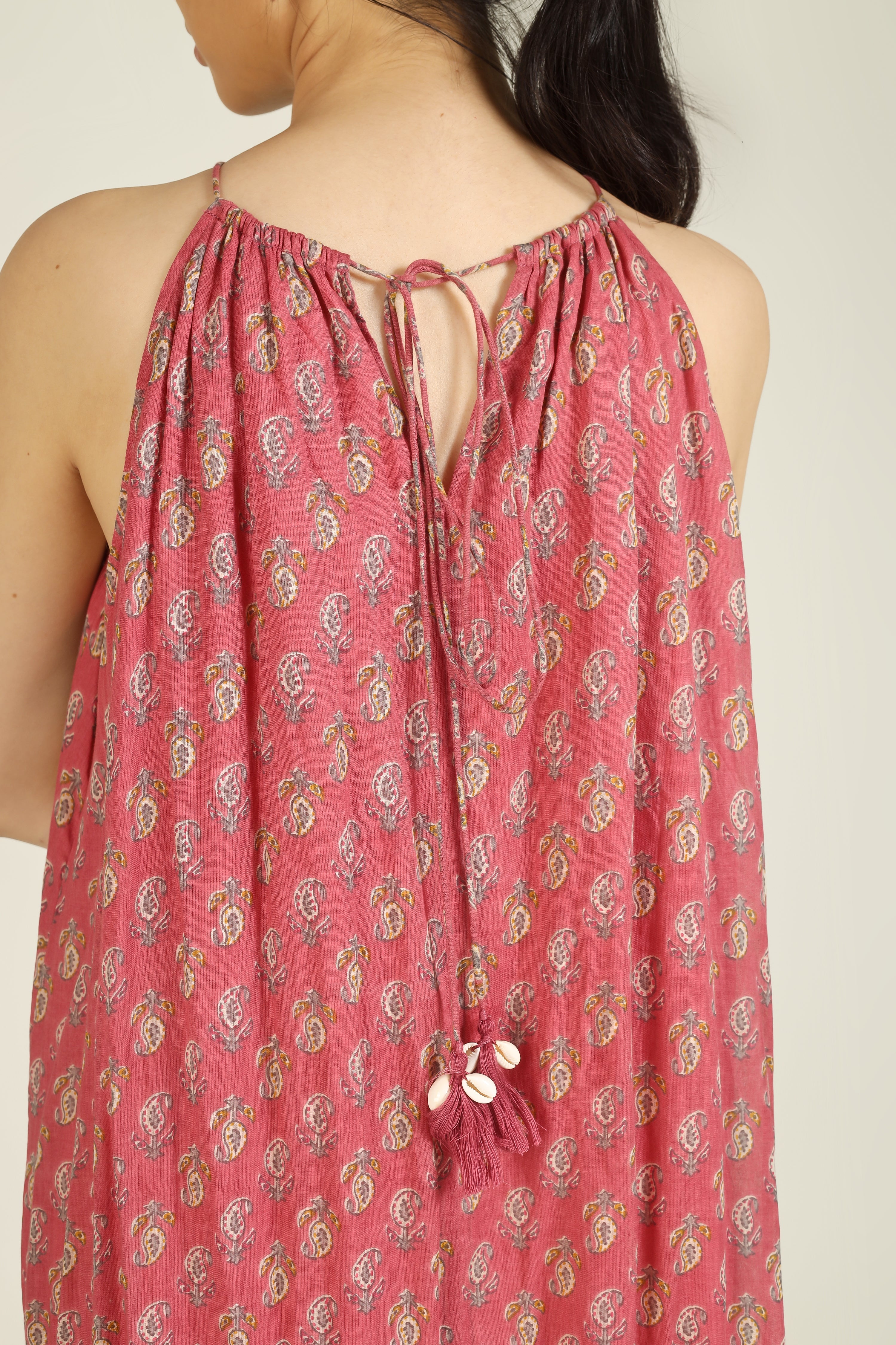 Pink Printed Halter Neck Mulmul Dress for Women - gallery