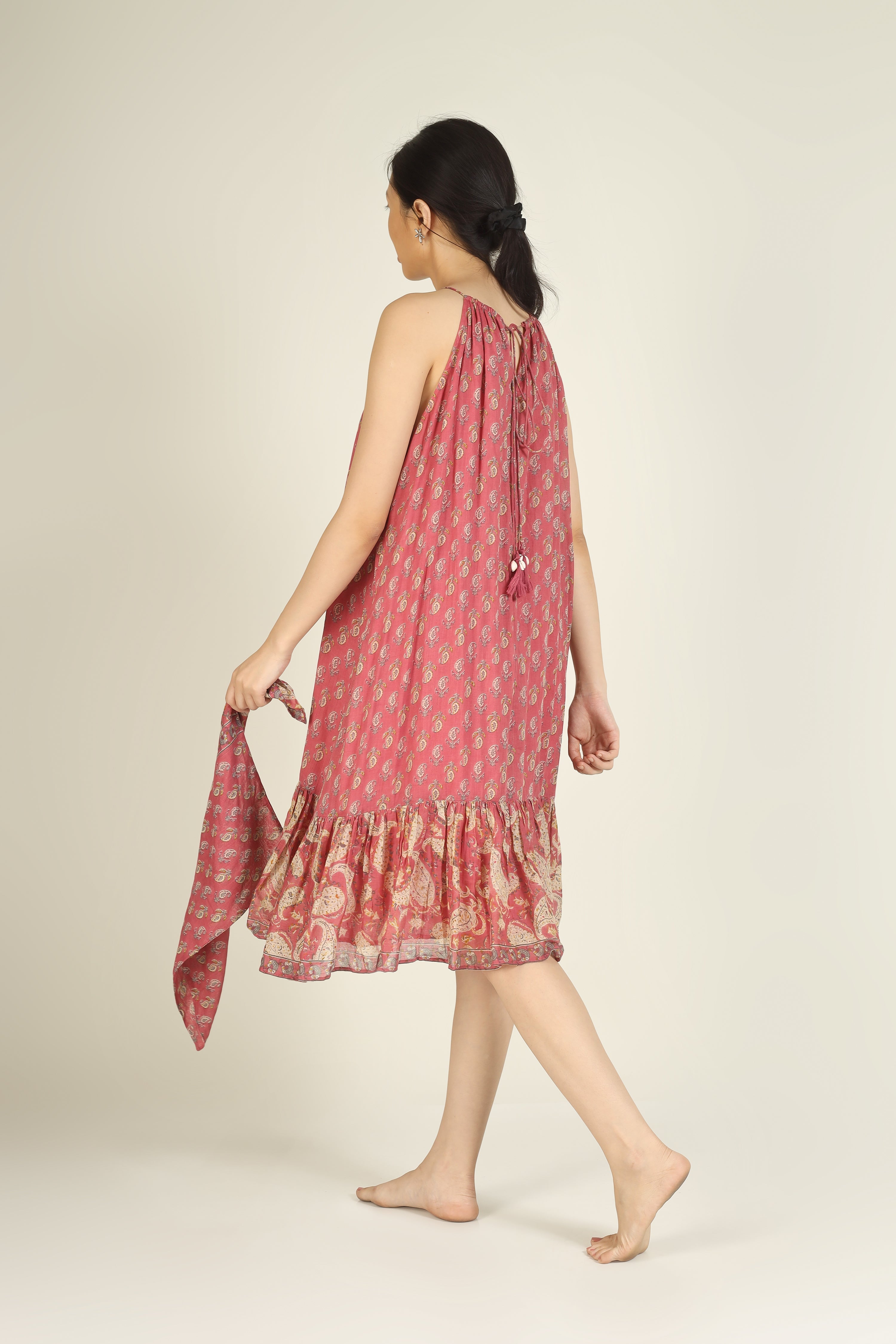 Pink Printed Halter Neck Mulmul Dress for Women - gallery