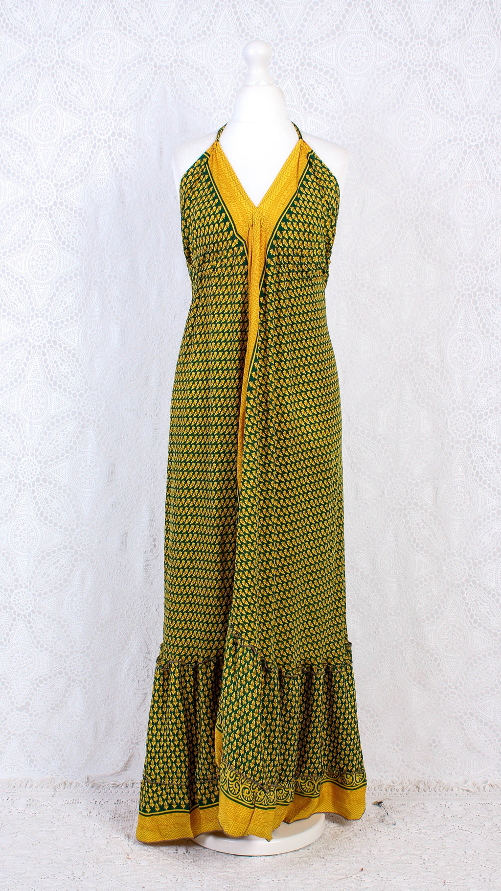 Blossom Halter-Neck Maxi Dress — Yellow & Dark Green Floral Sari for Women - gallery
