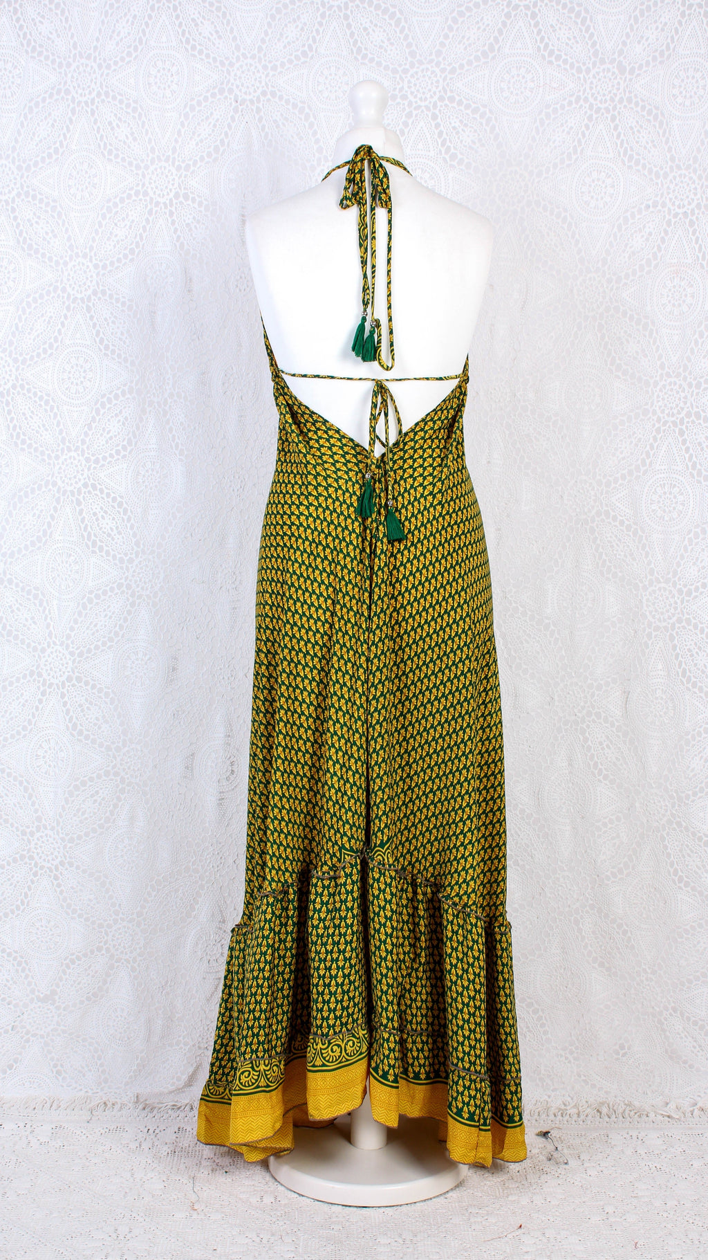 Blossom Halter-Neck Maxi Dress — Yellow & Dark Green Floral Sari for Women - gallery