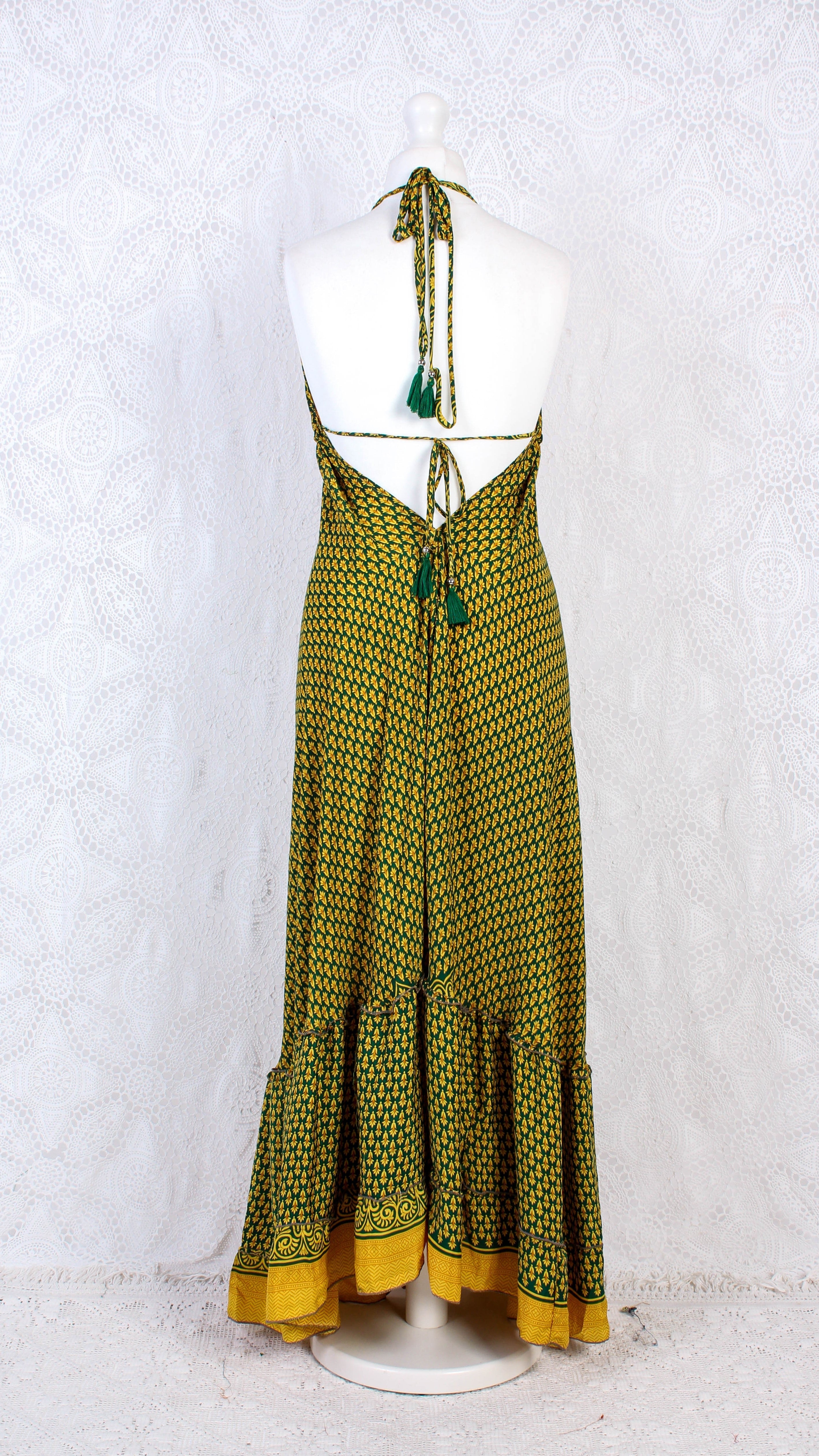Blossom Halter-Neck Maxi Dress — Yellow & Dark Green Floral Sari for Women - gallery