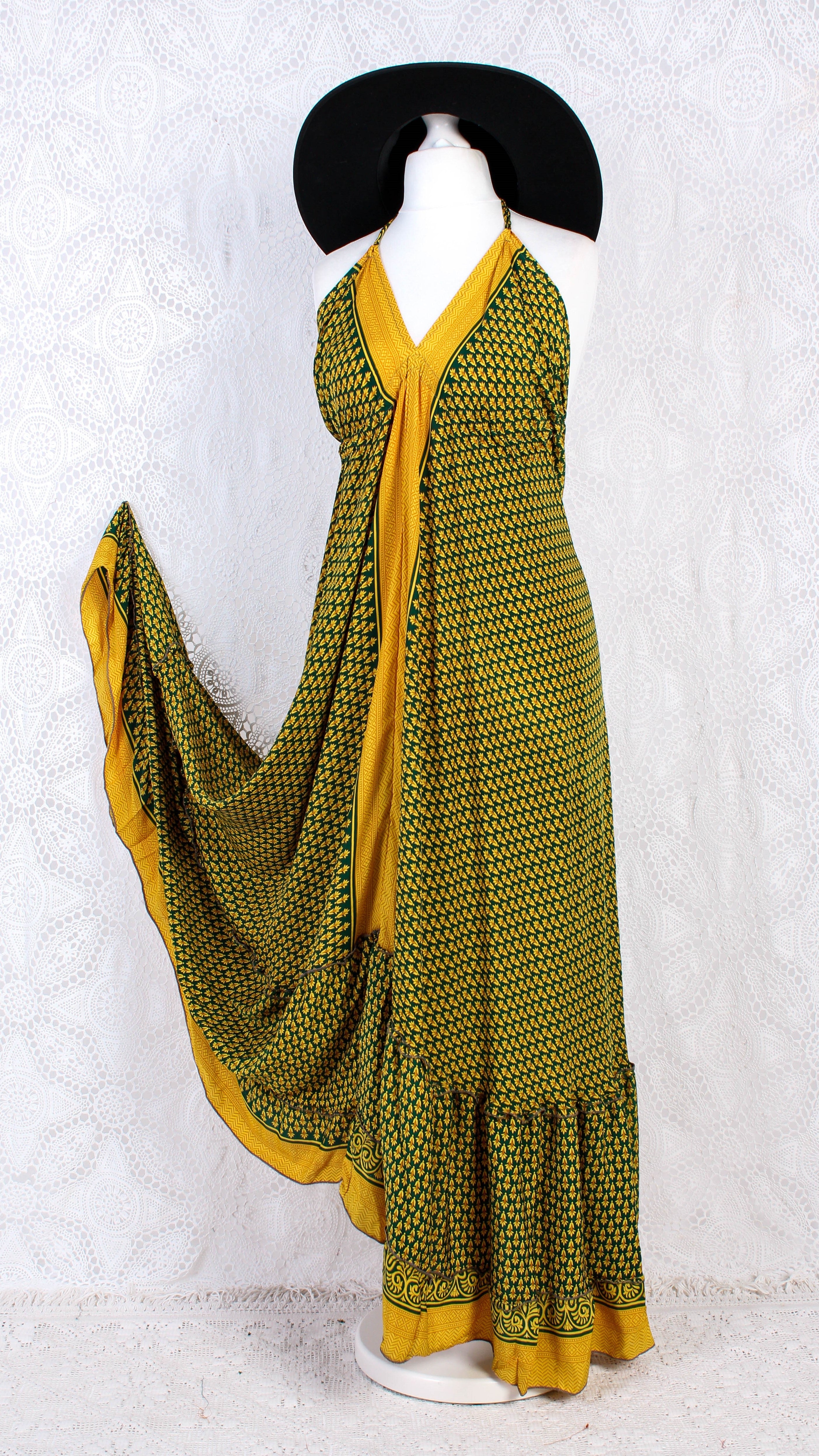 Blossom Halter-Neck Maxi Dress — Yellow & Dark Green Floral Sari for Women