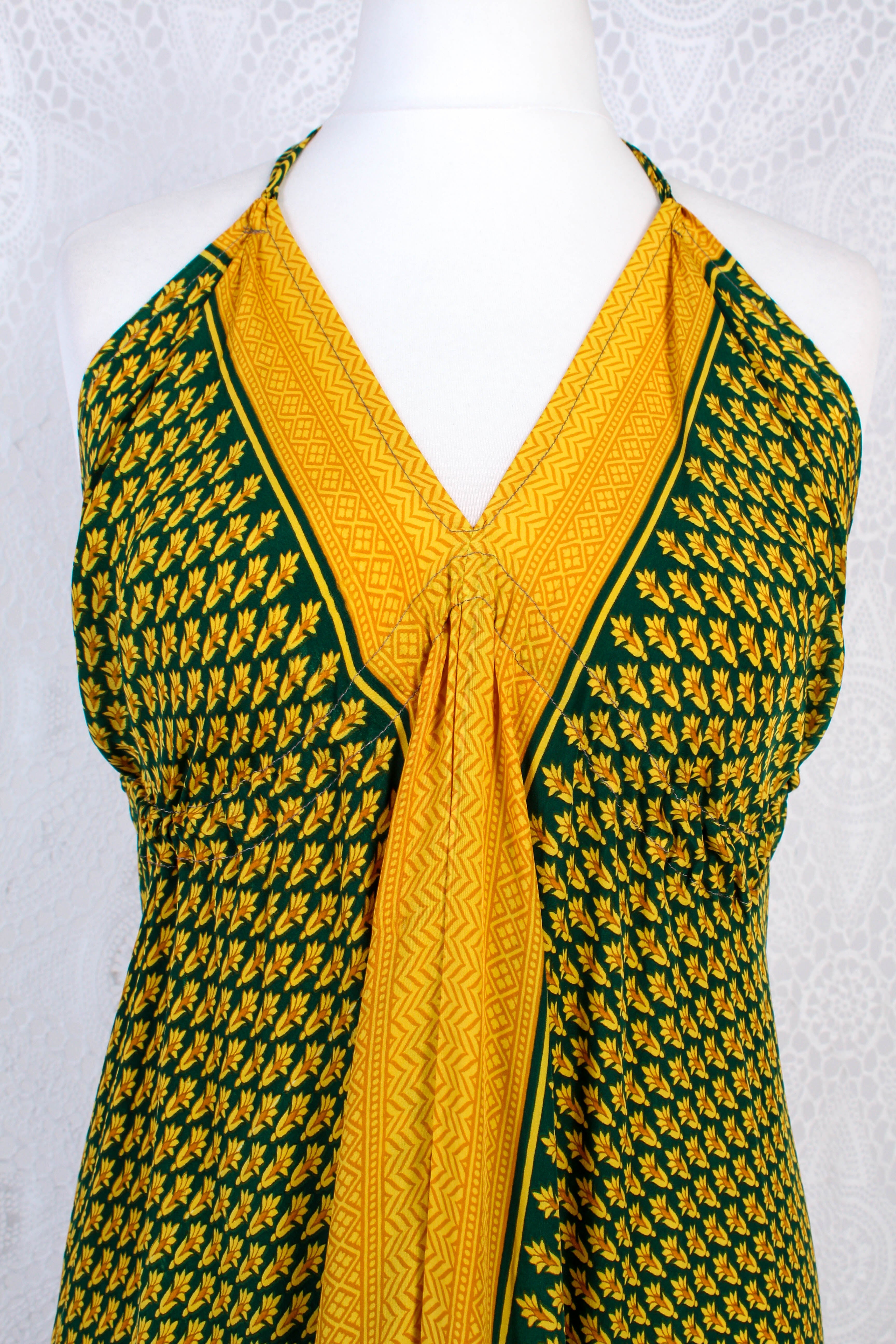 Blossom Halter-Neck Maxi Dress — Yellow & Dark Green Floral Sari for Women - gallery