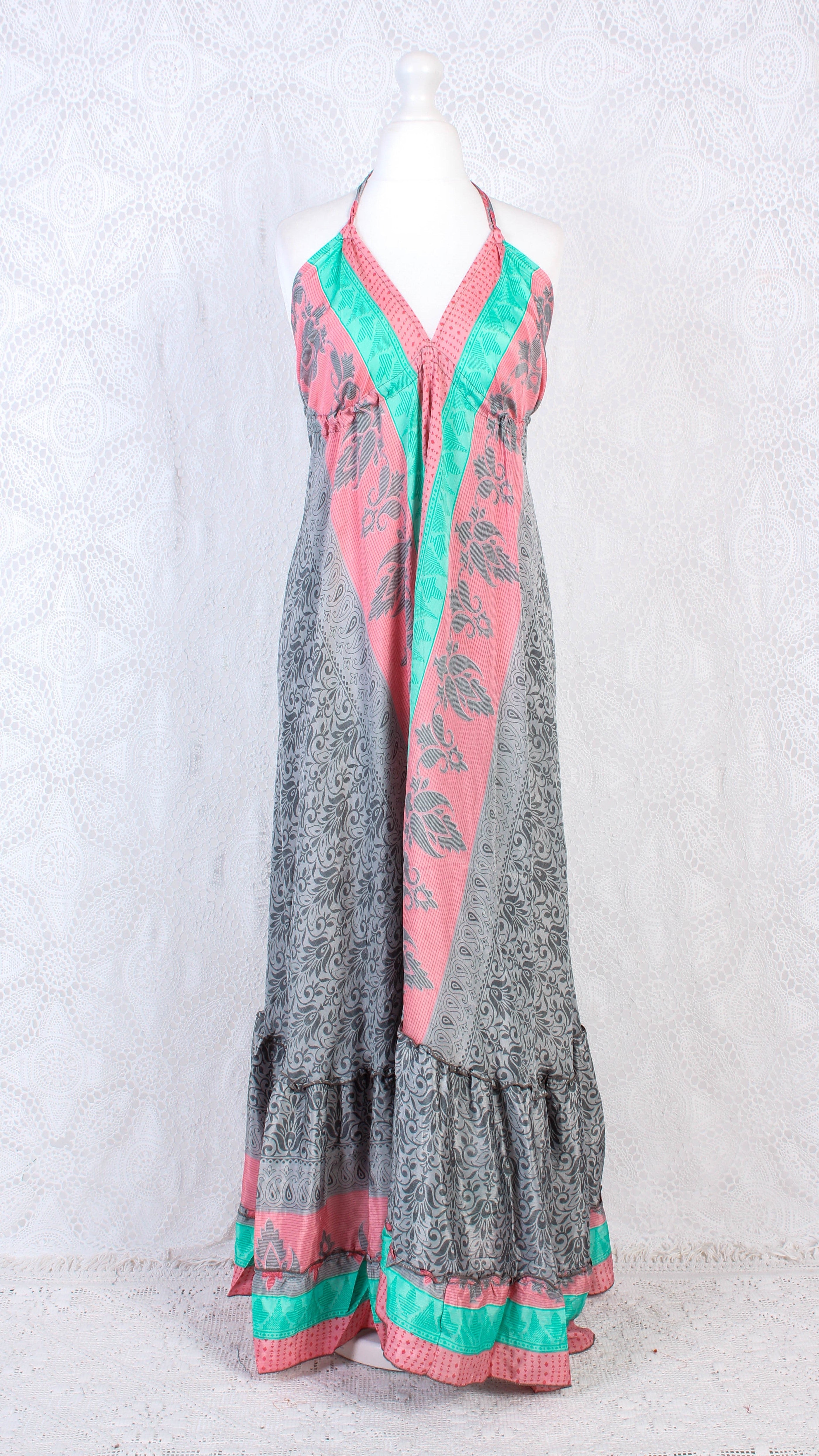 Blossom Halter-neck Maxi Dress - Pink, Grey & Aqua Floral Sari (Free Size) - gallery