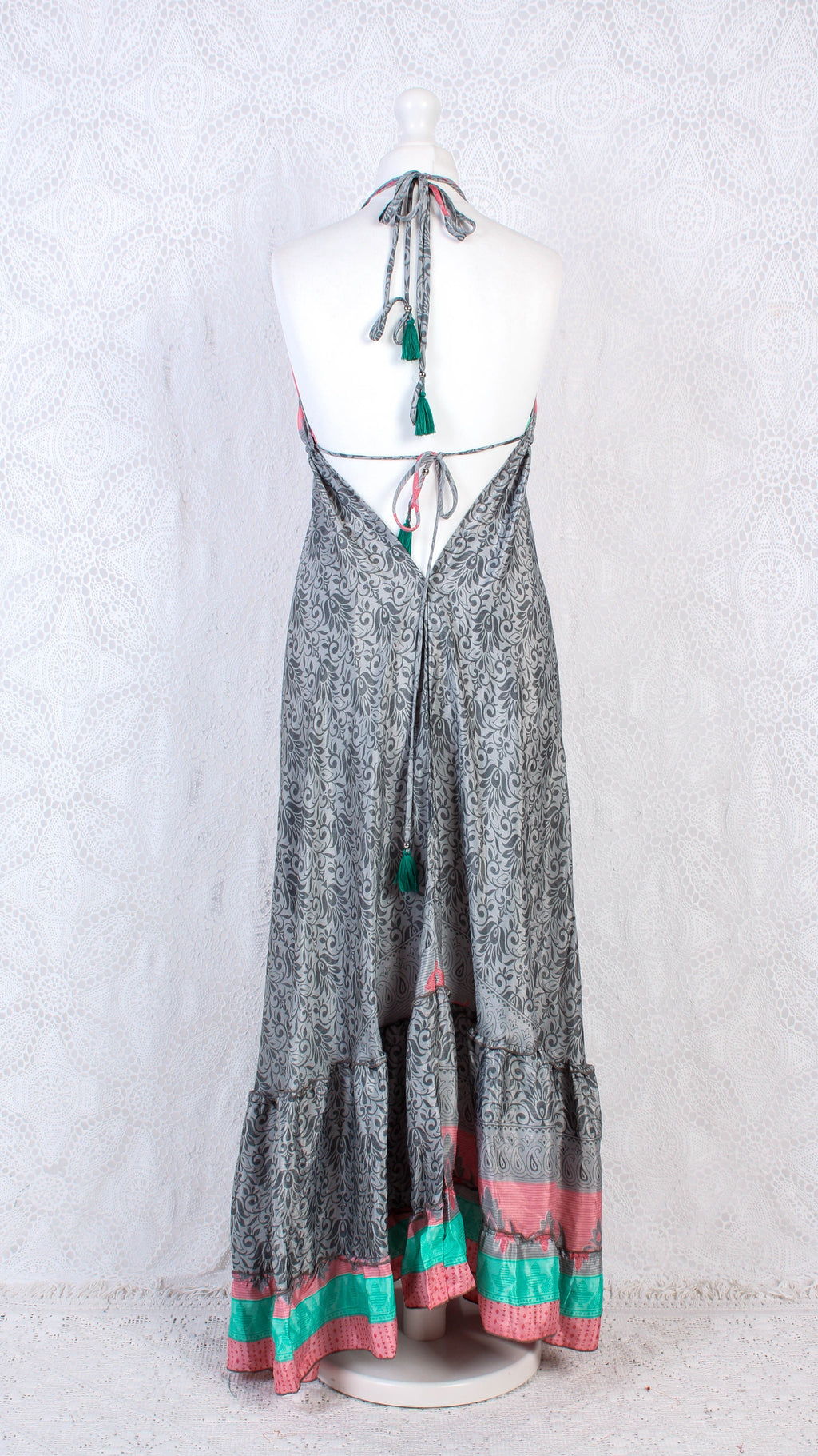 Blossom Halter-neck Maxi Dress - Pink, Grey & Aqua Floral Sari (Free Size) - gallery