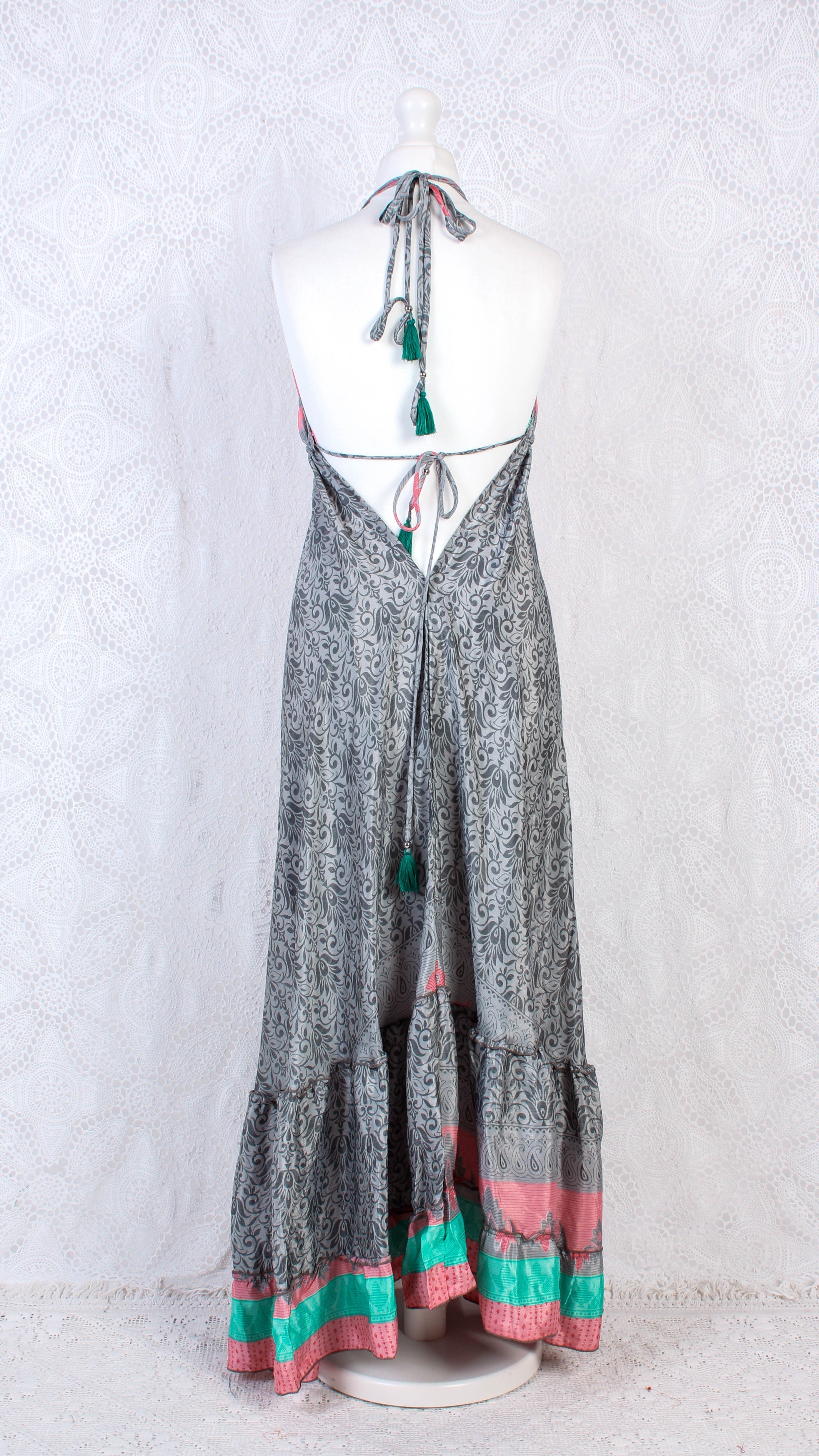 Blossom Halter-neck Maxi Dress - Pink, Grey & Aqua Floral Sari (Free Size) - gallery