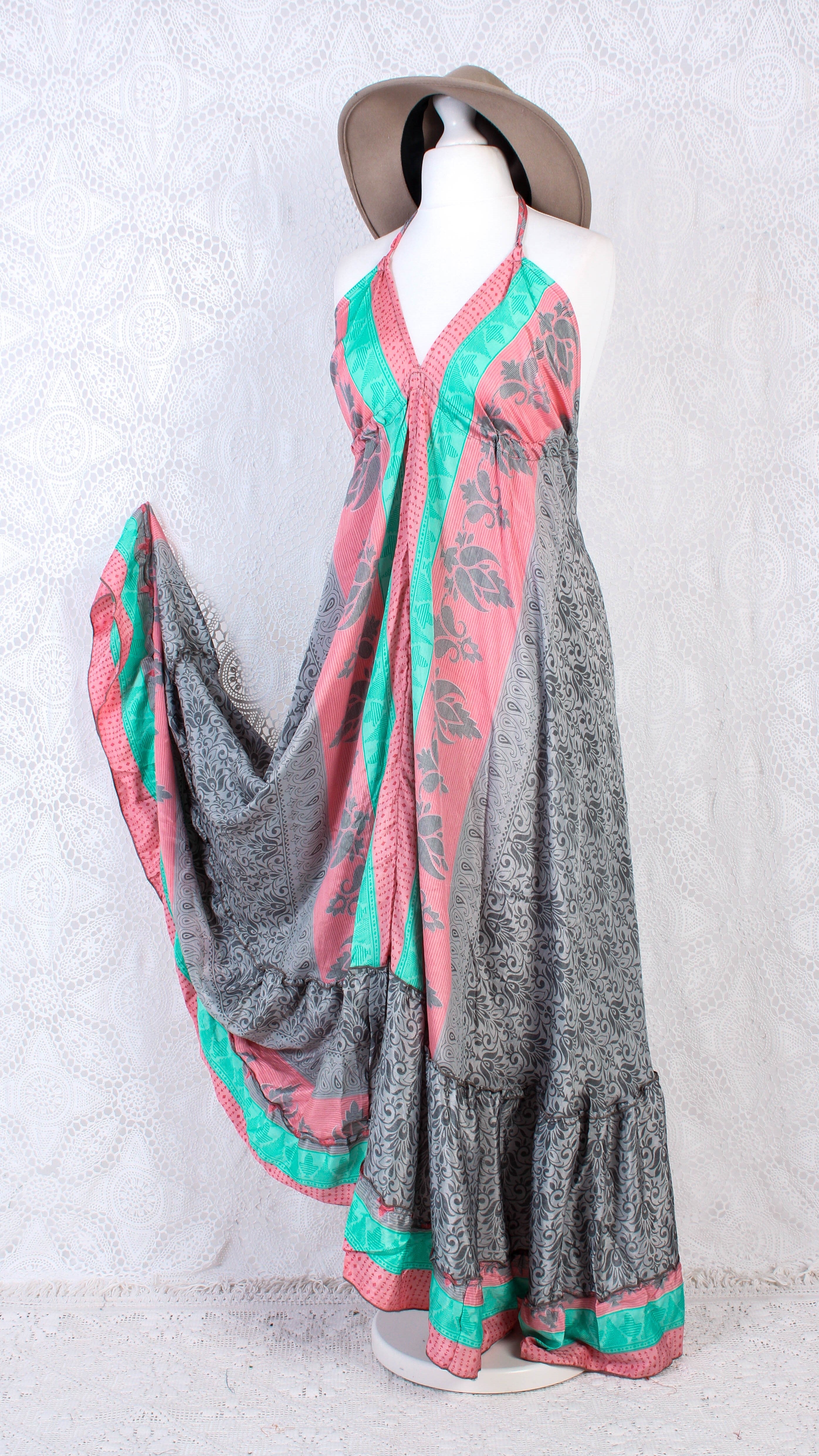 Blossom Halter-neck Maxi Dress - Pink, Grey & Aqua Floral Sari (Free Size)