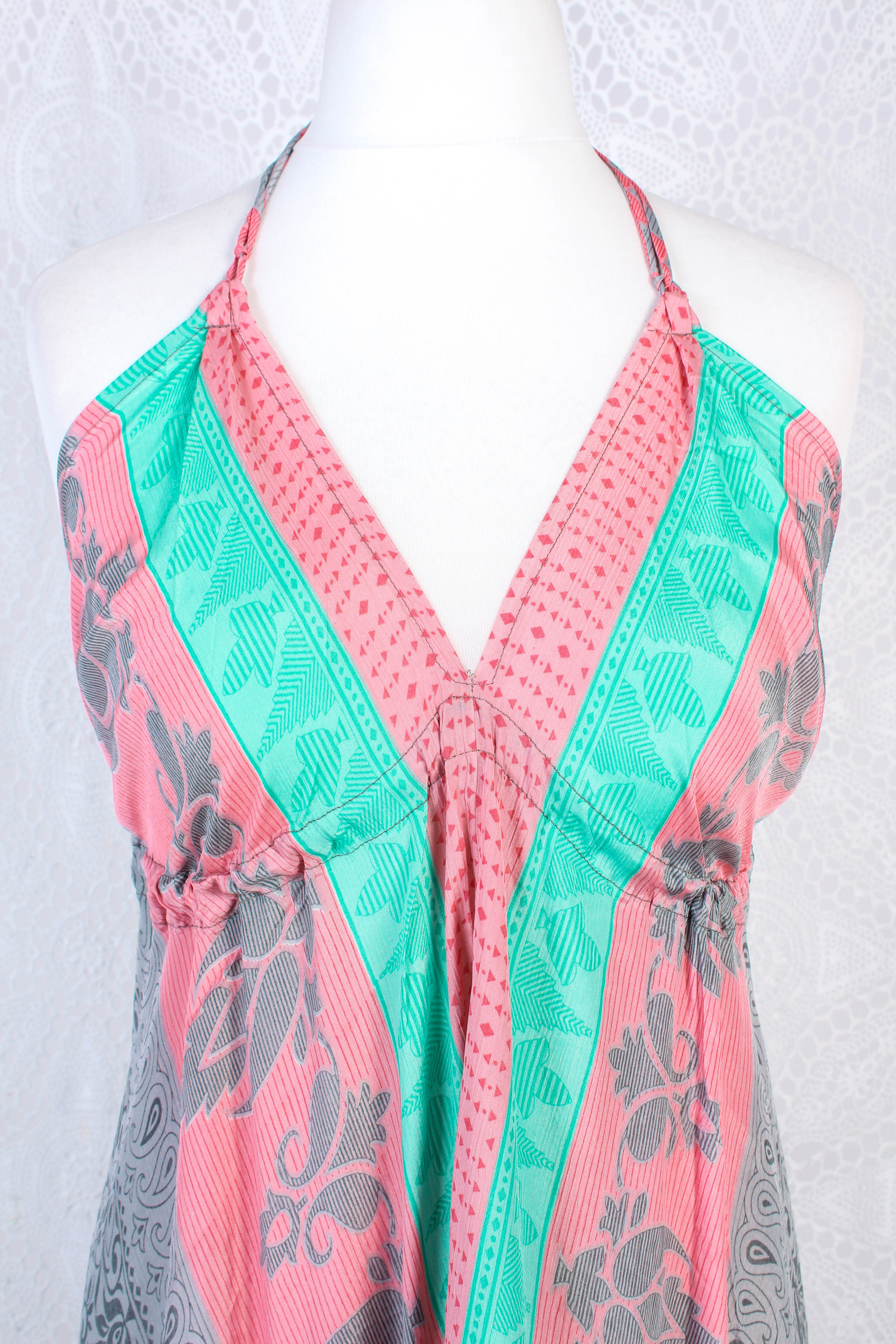 Blossom Halter-neck Maxi Dress - Pink, Grey & Aqua Floral Sari (Free Size) - gallery