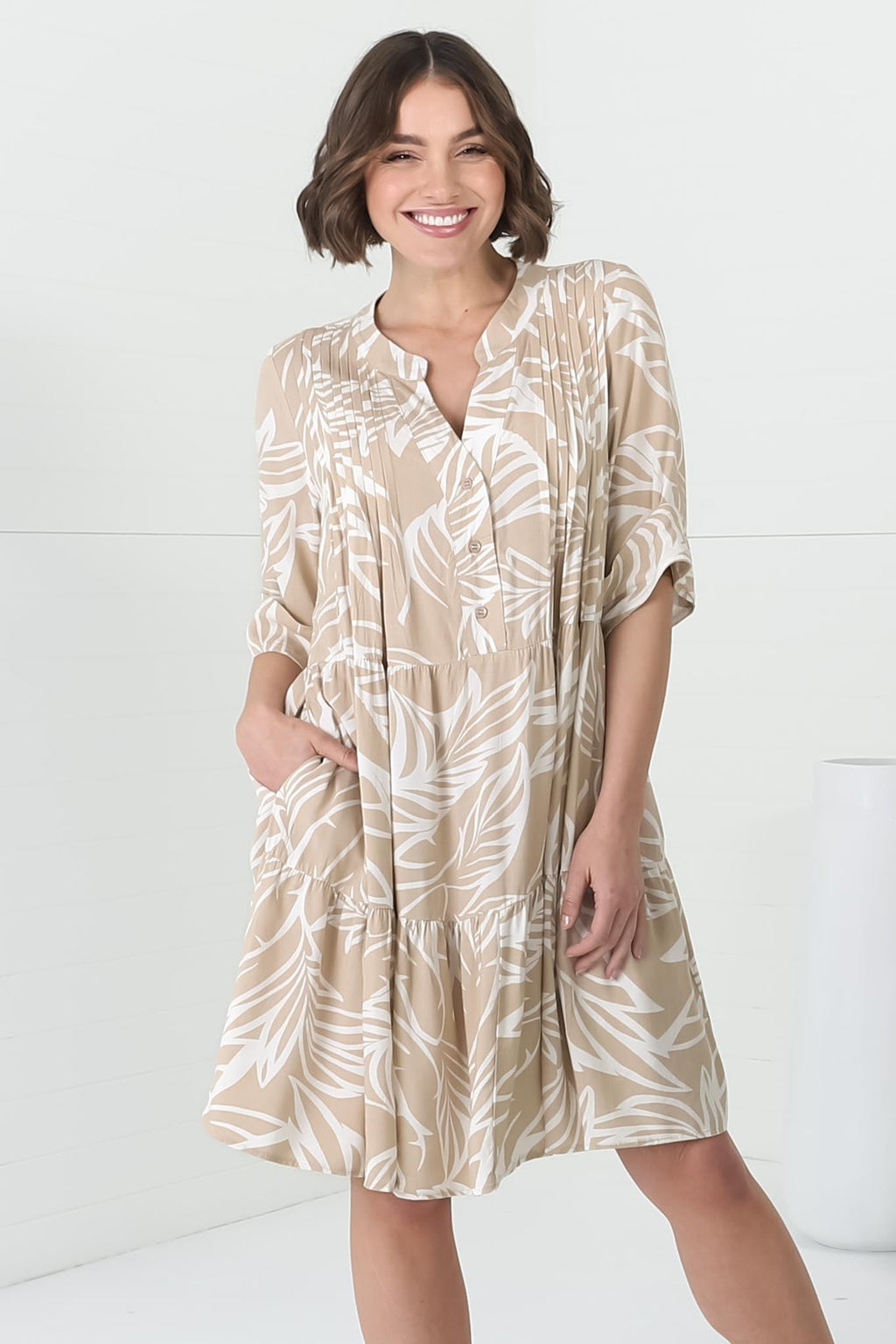 Evie Mini Dress - Three-Quarter Sleeve Tiered Smock Dress in Jeani Print Beige — gallery