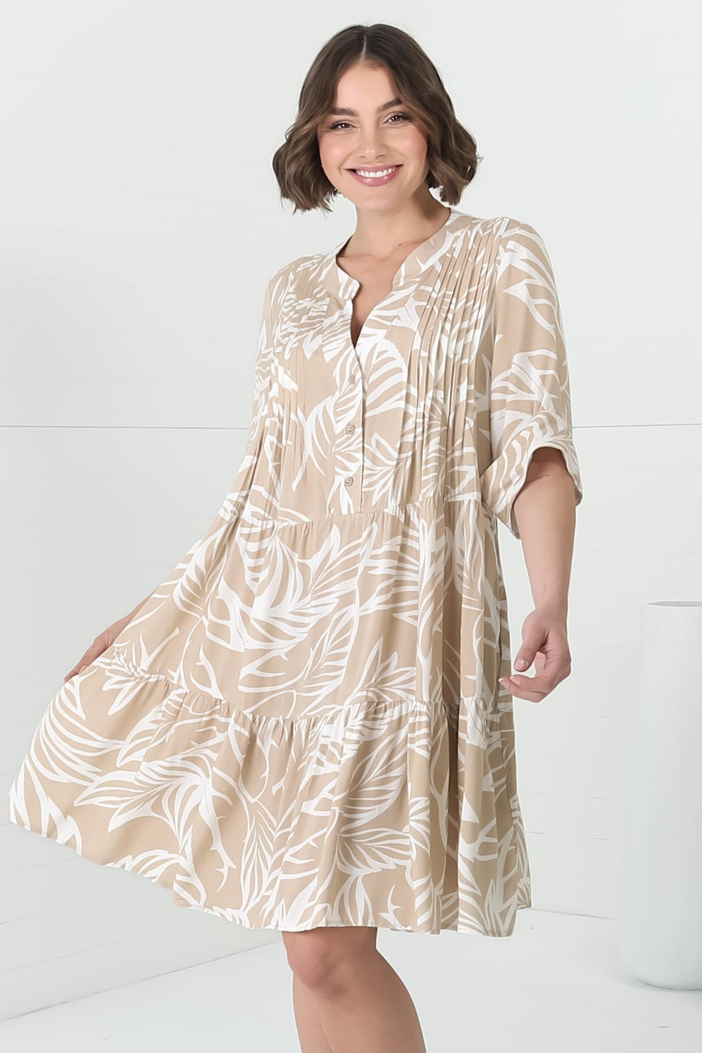 Evie Mini Dress - Three-Quarter Sleeve Tiered Smock Dress in Jeani Print Beige — gallery