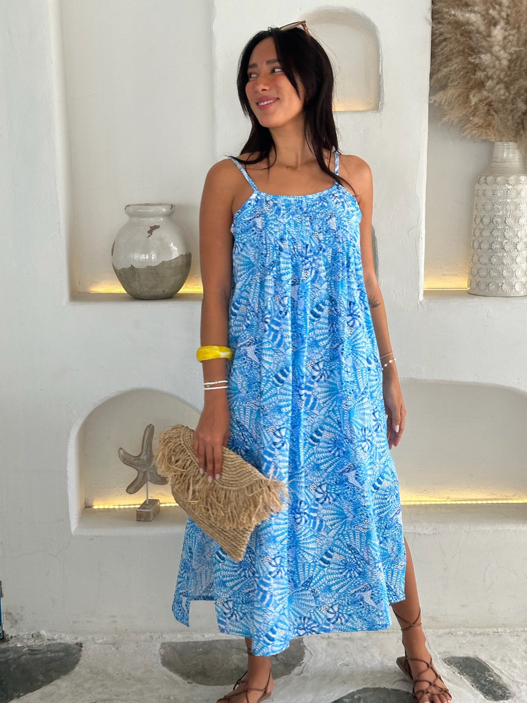 Shell Print Linen Dress for Women — Adjustable Straps