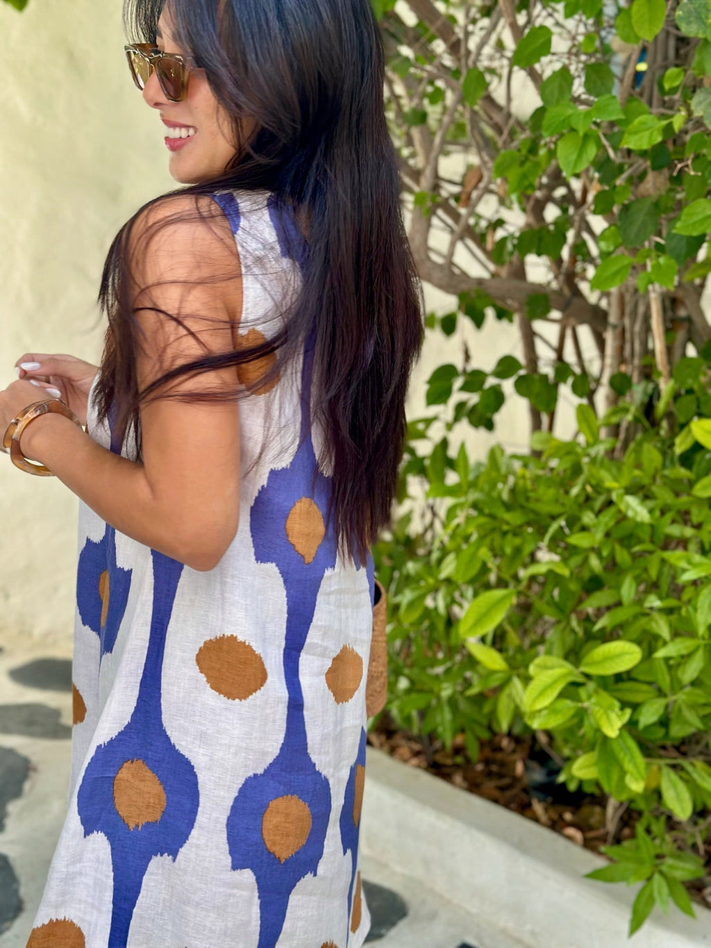 Blue Teardrop Print Linen A-Line Dress for Women — Day to Night - gallery