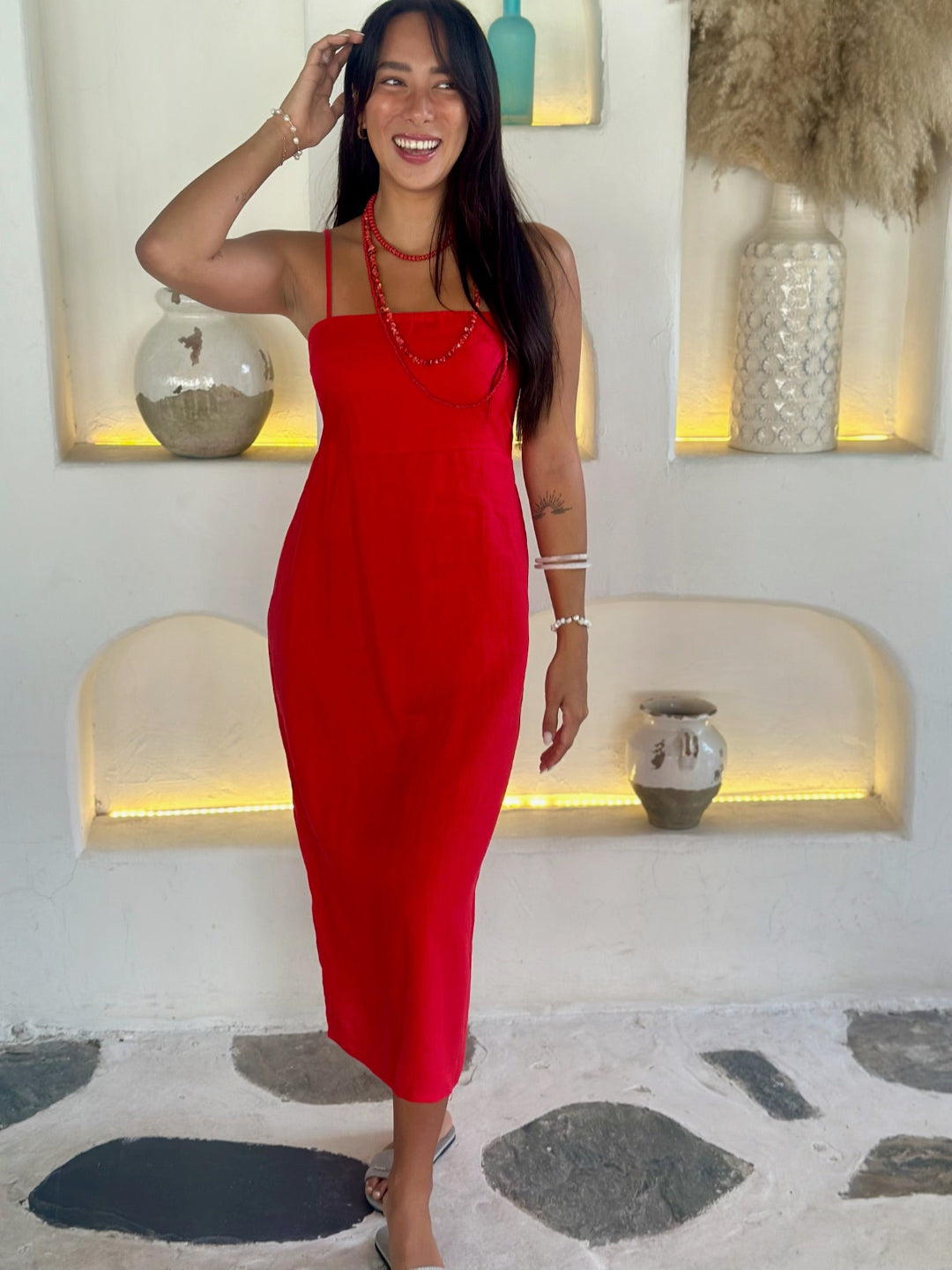 Red Linen Dress for Women — Adjustable Straps Strapless Option