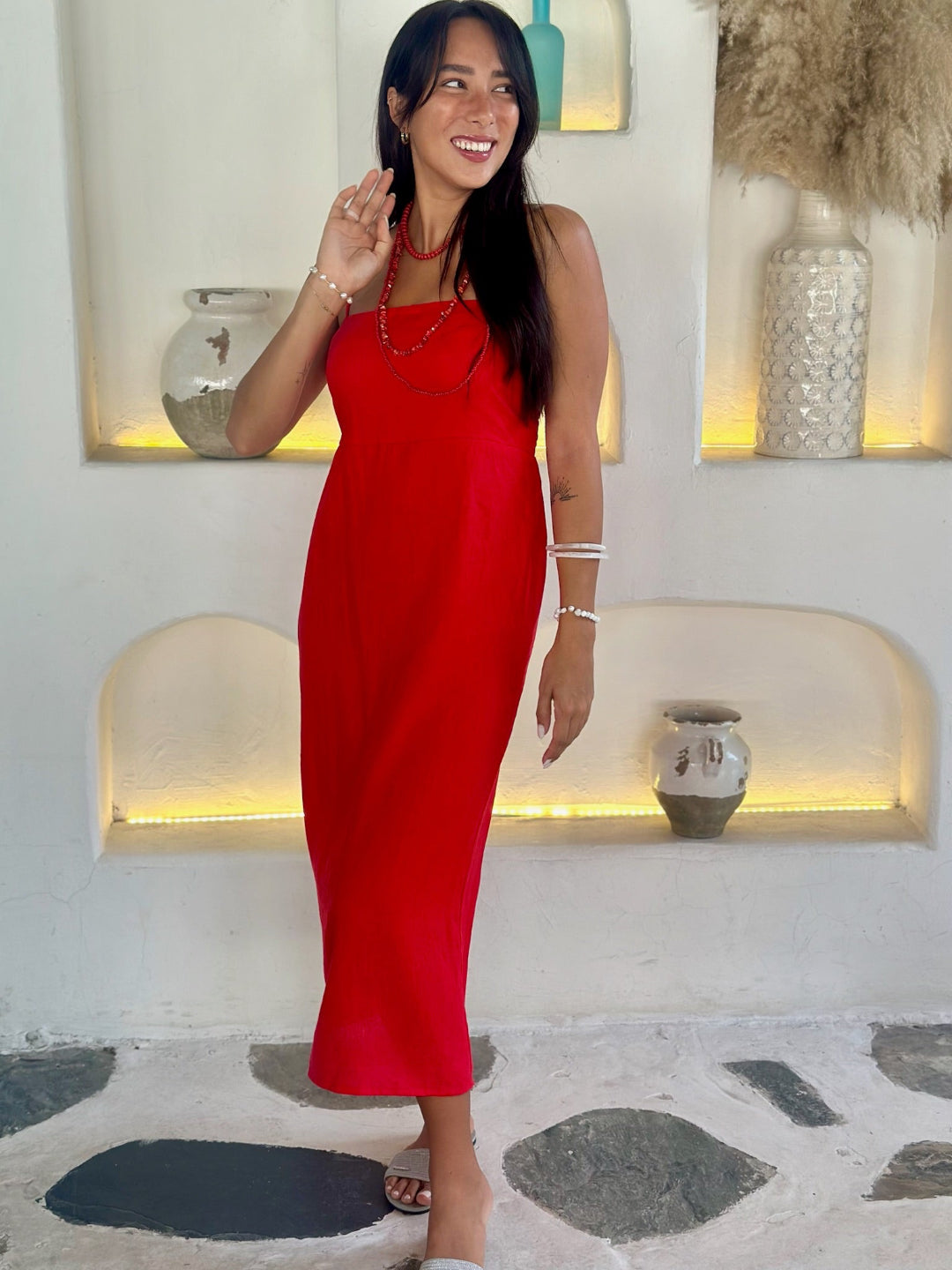 Red Linen Dress for Women — Adjustable Straps Strapless Option - gallery