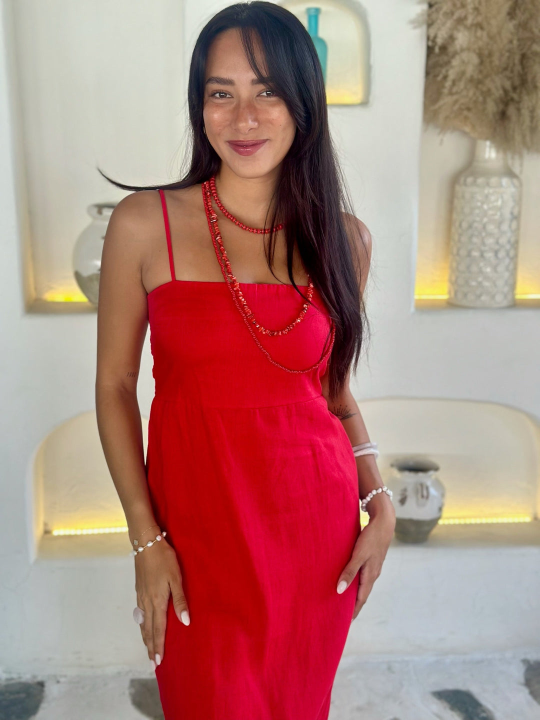 Red Linen Dress for Women — Adjustable Straps Strapless Option - gallery