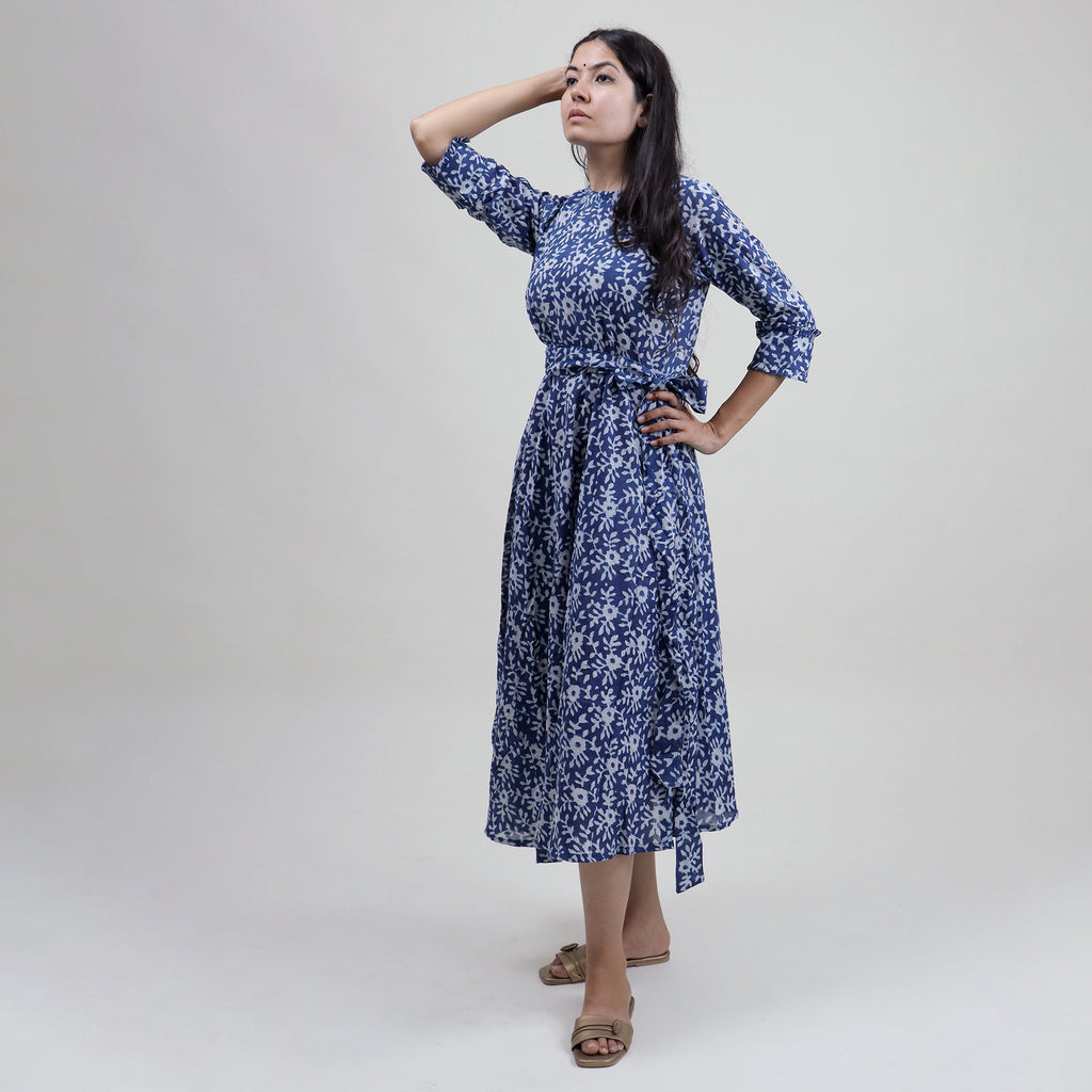 Indian Floral Cotton Midi Dress for Women — Artisan Block Print