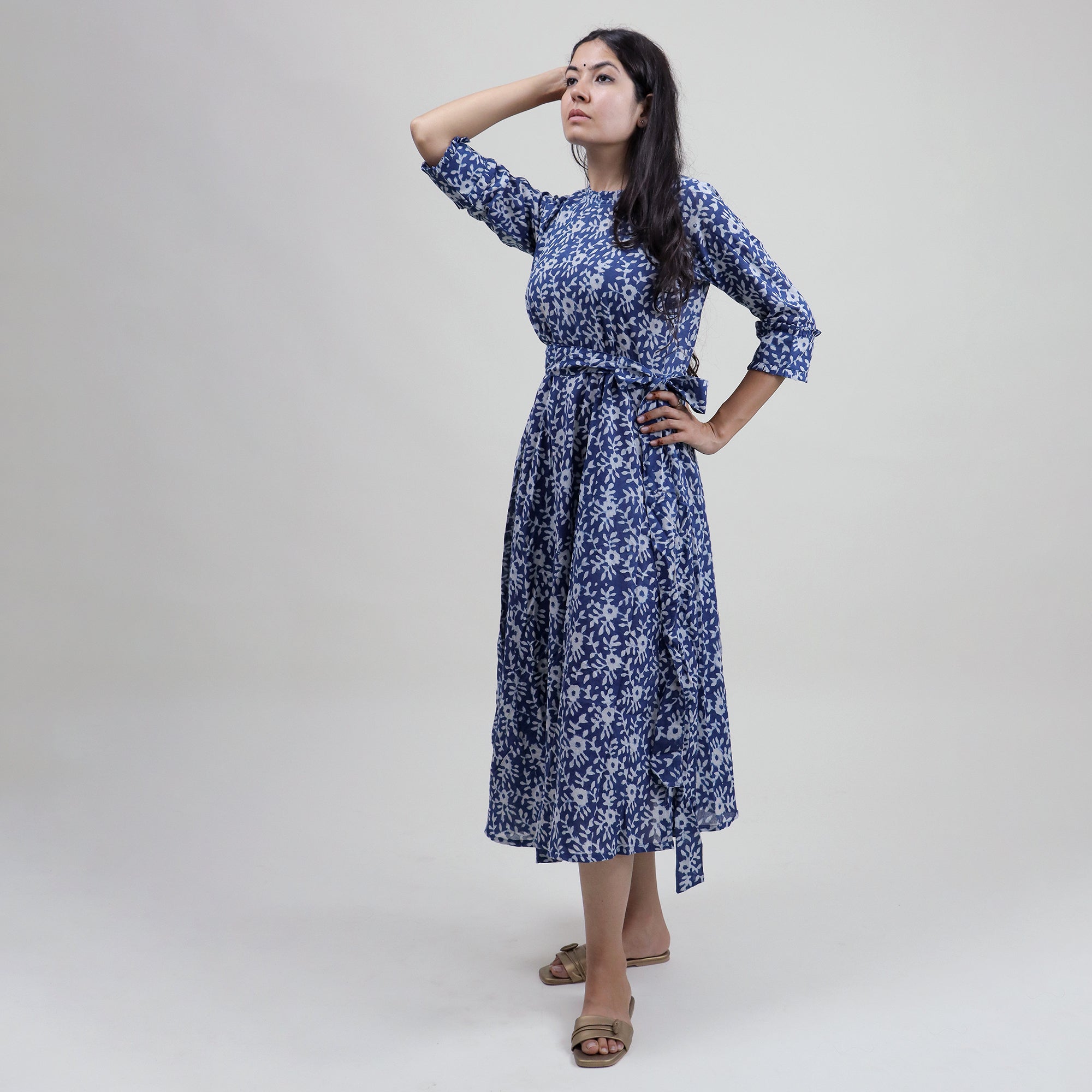 Indian Floral Cotton Midi Dress for Women — Artisan Block Print