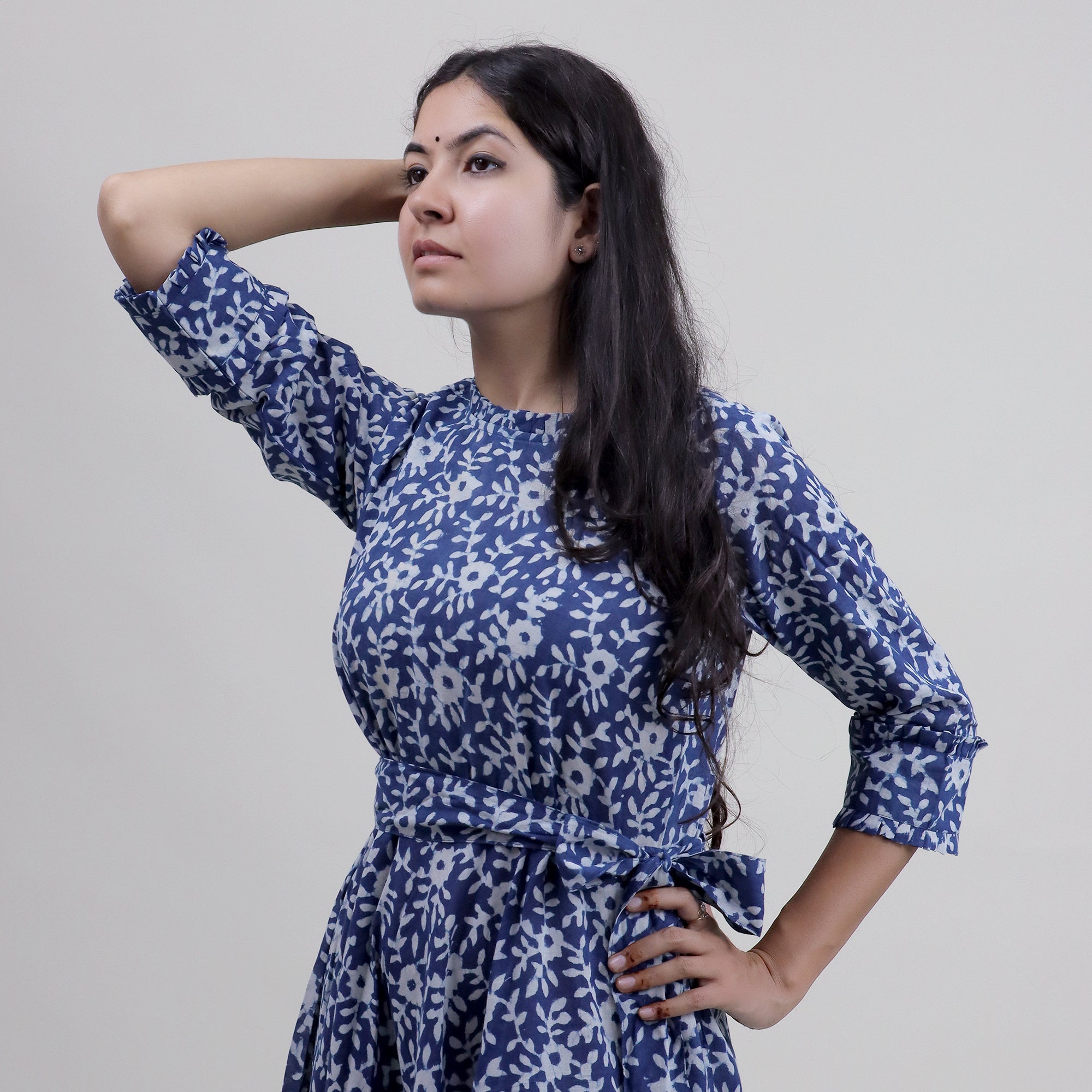 Indian Floral Cotton Midi Dress for Women — Artisan Block Print - gallery
