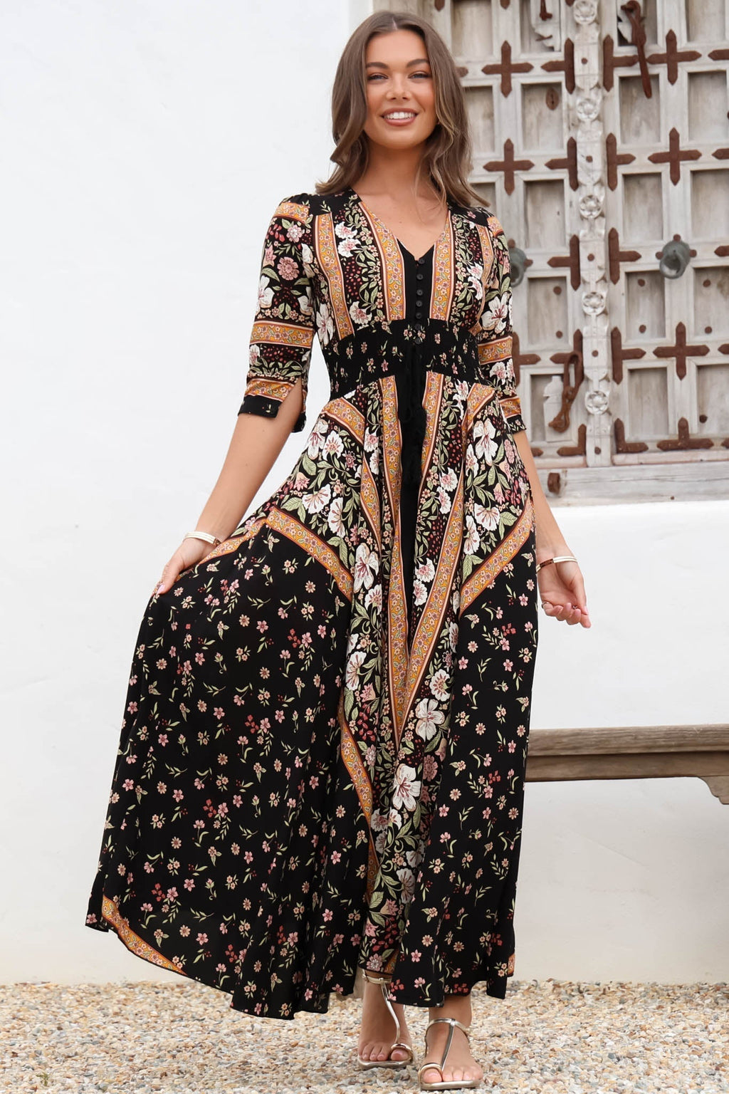 JAASE - Indiana Maxi Dress: Lace Back Shirred Waist A Line Dress with Ha... — gallery