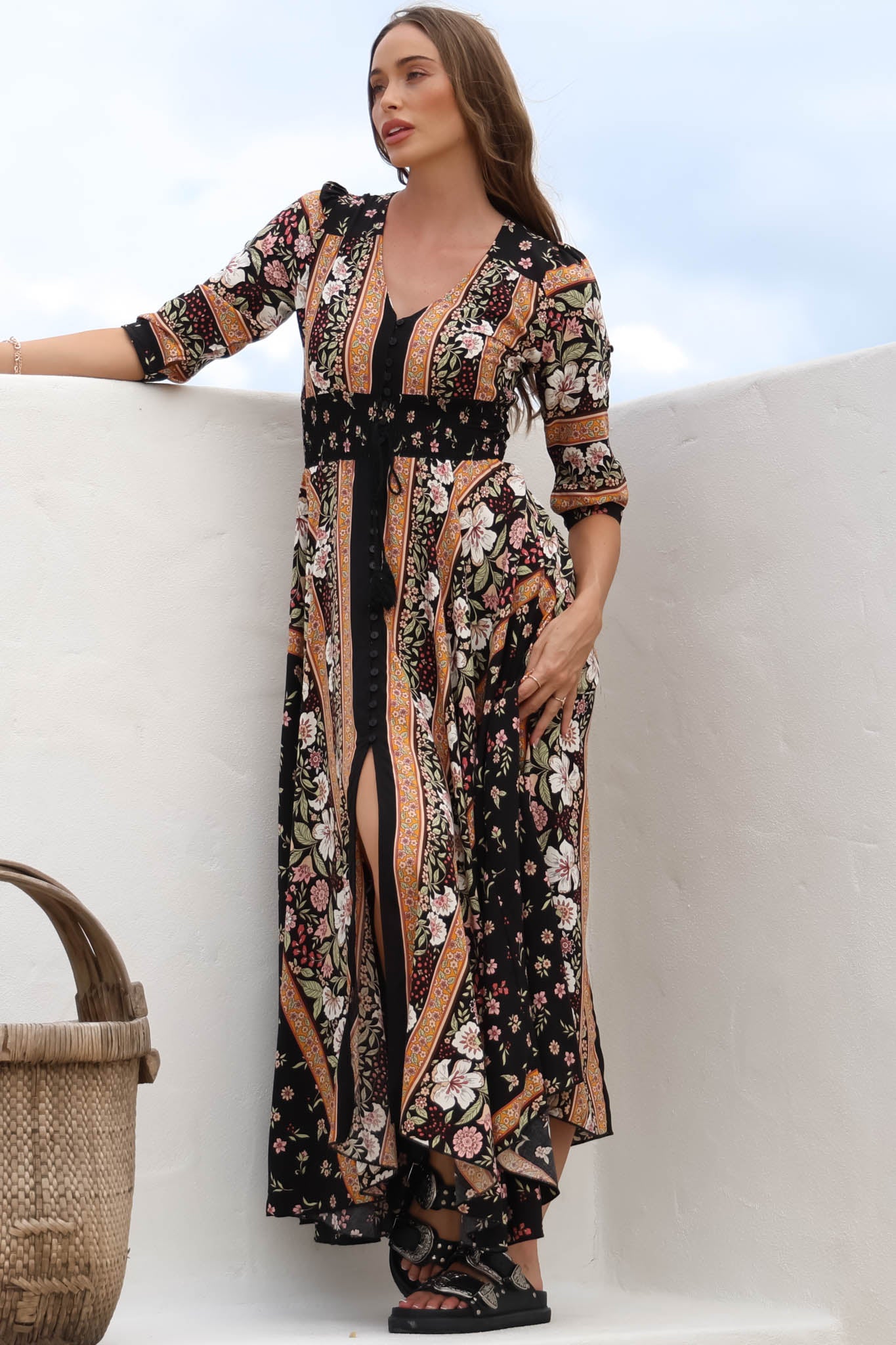 JAASE - Indiana Maxi Dress: Lace Back Shirred Waist A Line Dress with Ha... — gallery