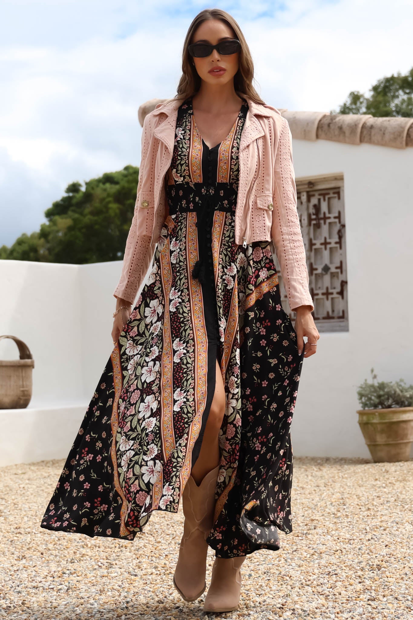 JAASE - Indiana Maxi Dress: Lace Back Shirred Waist A Line Dress with Ha... — gallery