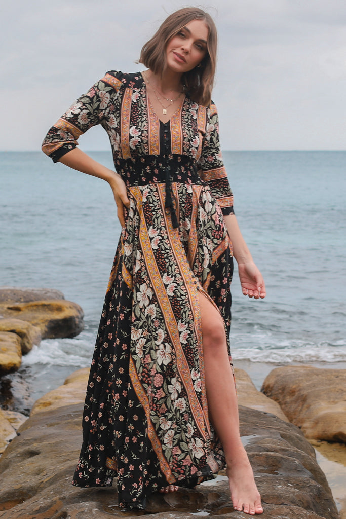 JAASE - Indiana Maxi Dress: Lace Back Shirred Waist A Line Dress with Ha... — gallery
