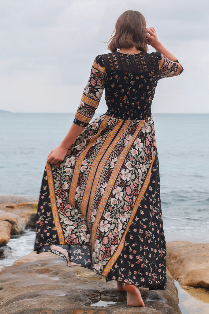 JAASE - Indiana Maxi Dress: Lace Back Shirred Waist A Line Dress with Ha... — gallery