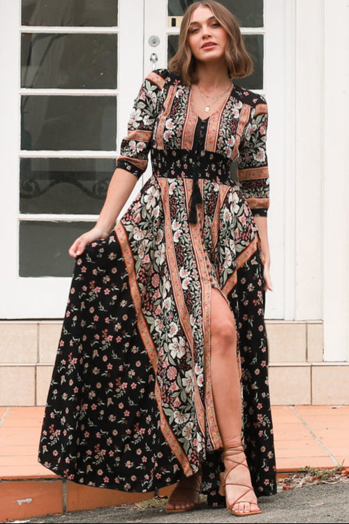 JAASE - Indiana Maxi Dress: Lace Back Shirred Waist A Line Dress with Ha... — gallery