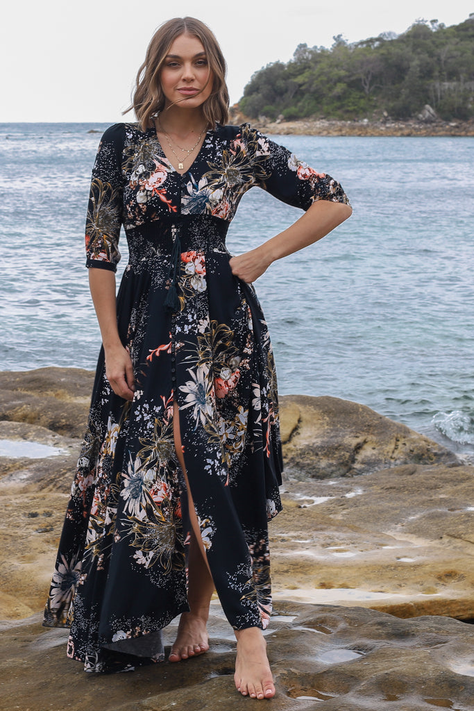 JAASE - Indiana Maxi Dress: Lace Back Shirred Waist A Line Dress with Ha... — gallery