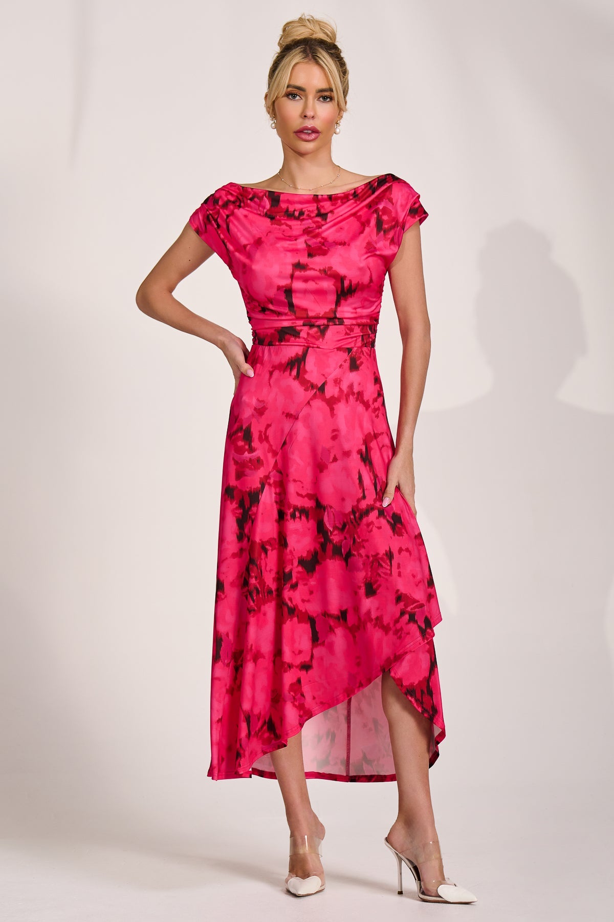 Draped Asymmetric Jersey Midi Dress, Red Abstract for Women