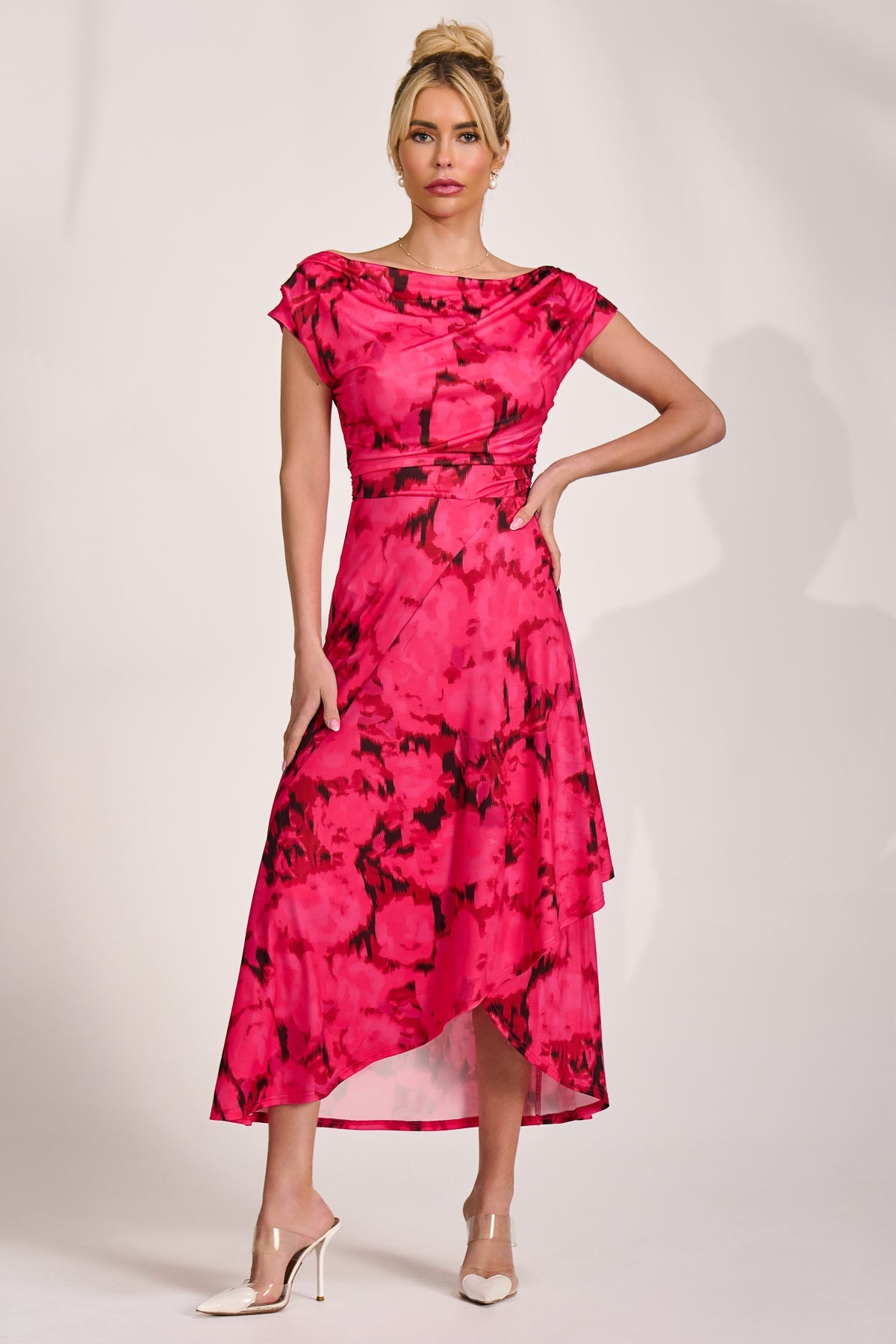 Draped Asymmetric Jersey Midi Dress, Red Abstract for Women - gallery