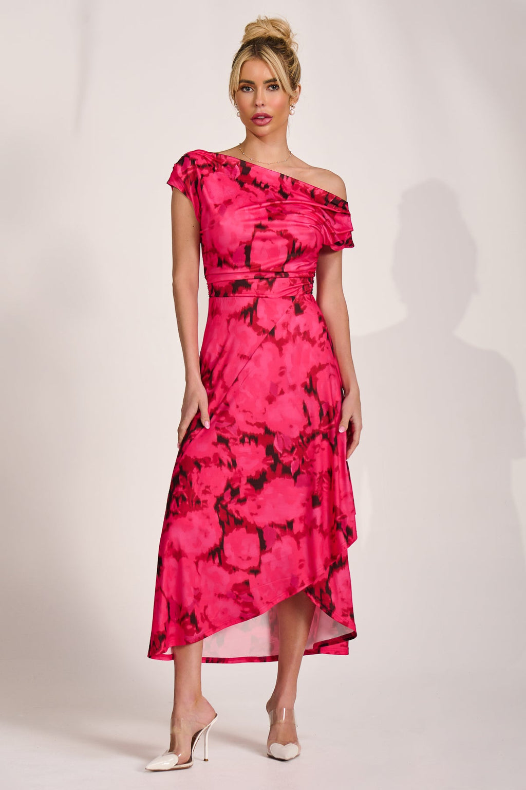 Draped Asymmetric Jersey Midi Dress, Red Abstract for Women - gallery