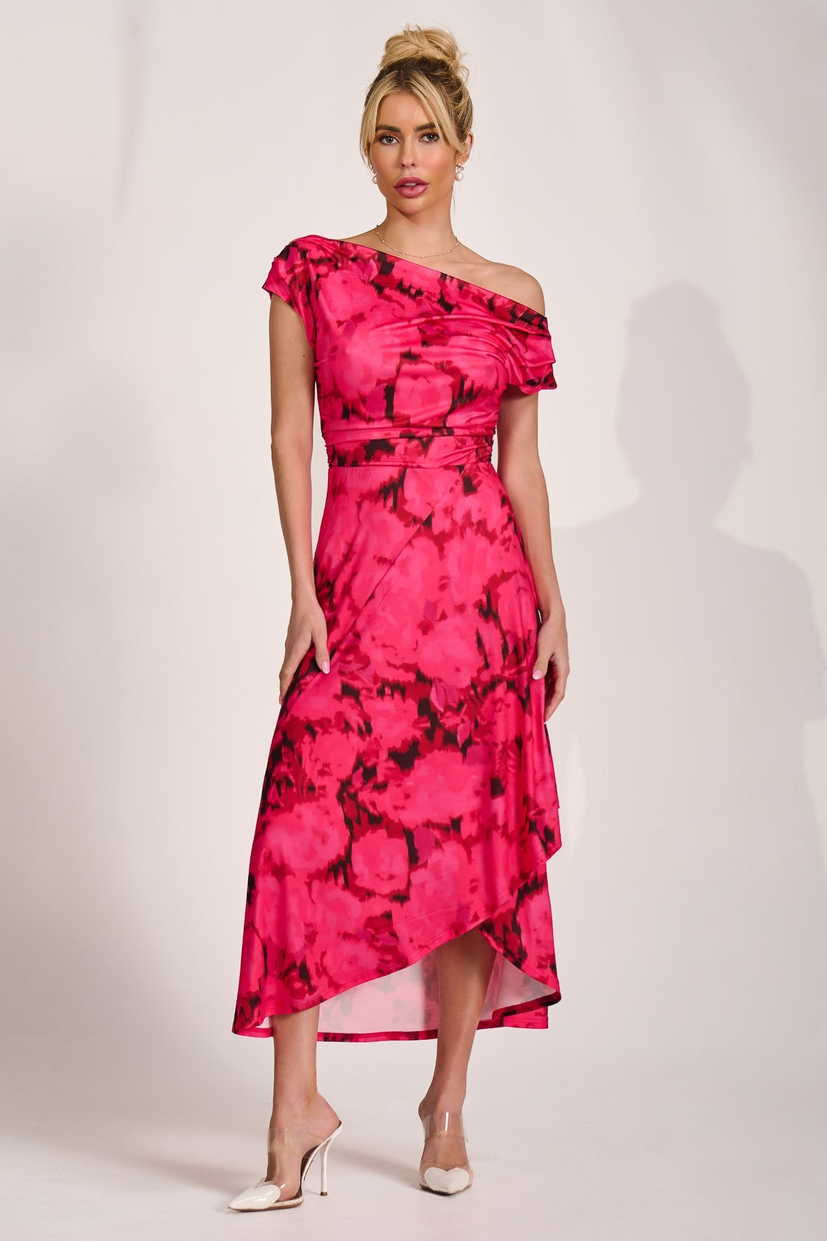 Draped Asymmetric Jersey Midi Dress, Red Abstract for Women - gallery