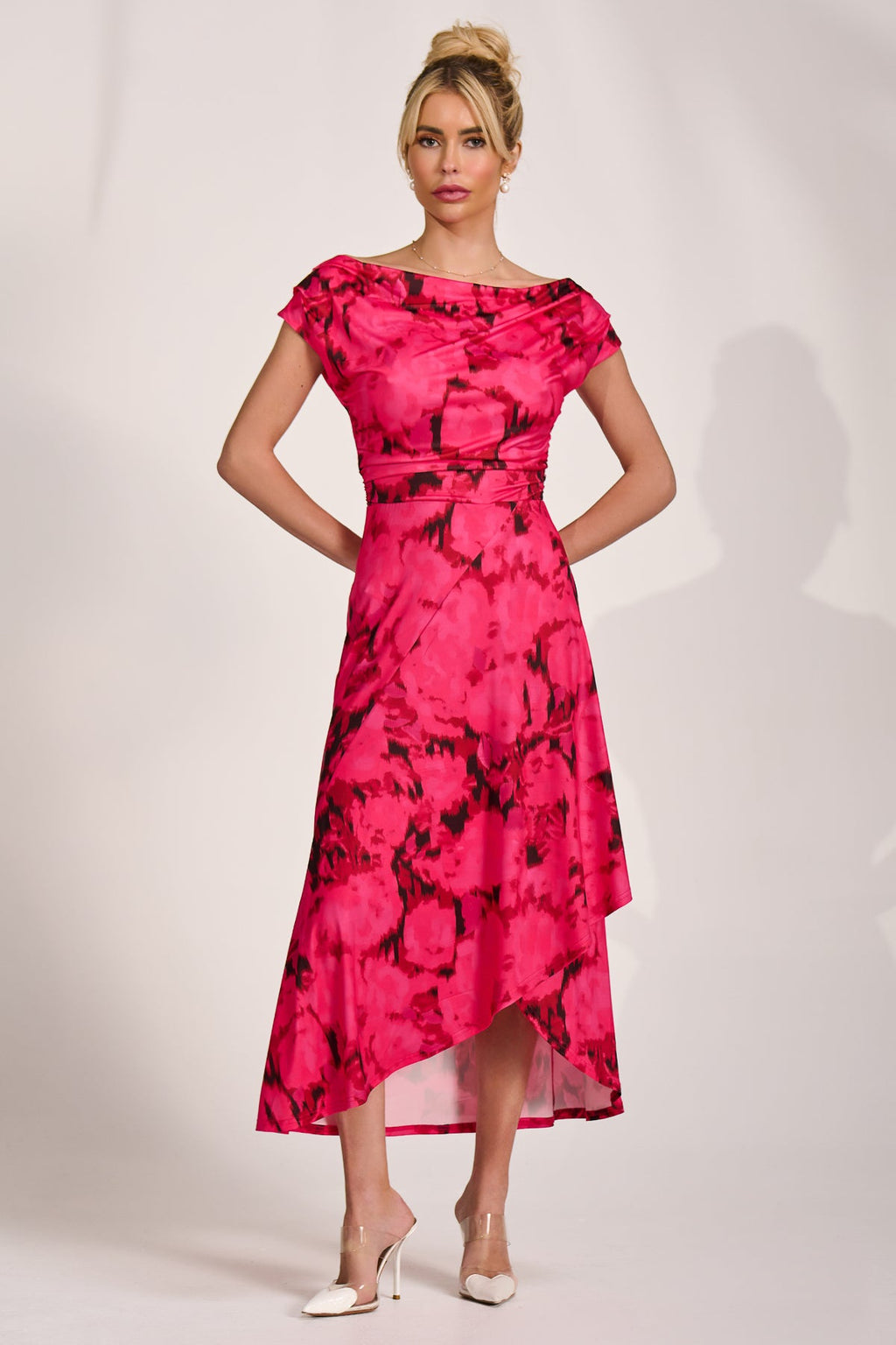 Draped Asymmetric Jersey Midi Dress, Red Abstract for Women - gallery