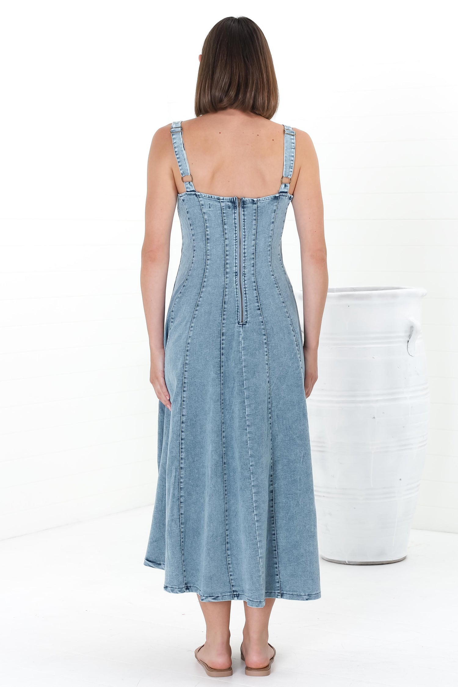 Jadely Midi Dress - Adjustable Strap A-Line Denim Sun Dress in Light Denim — gallery