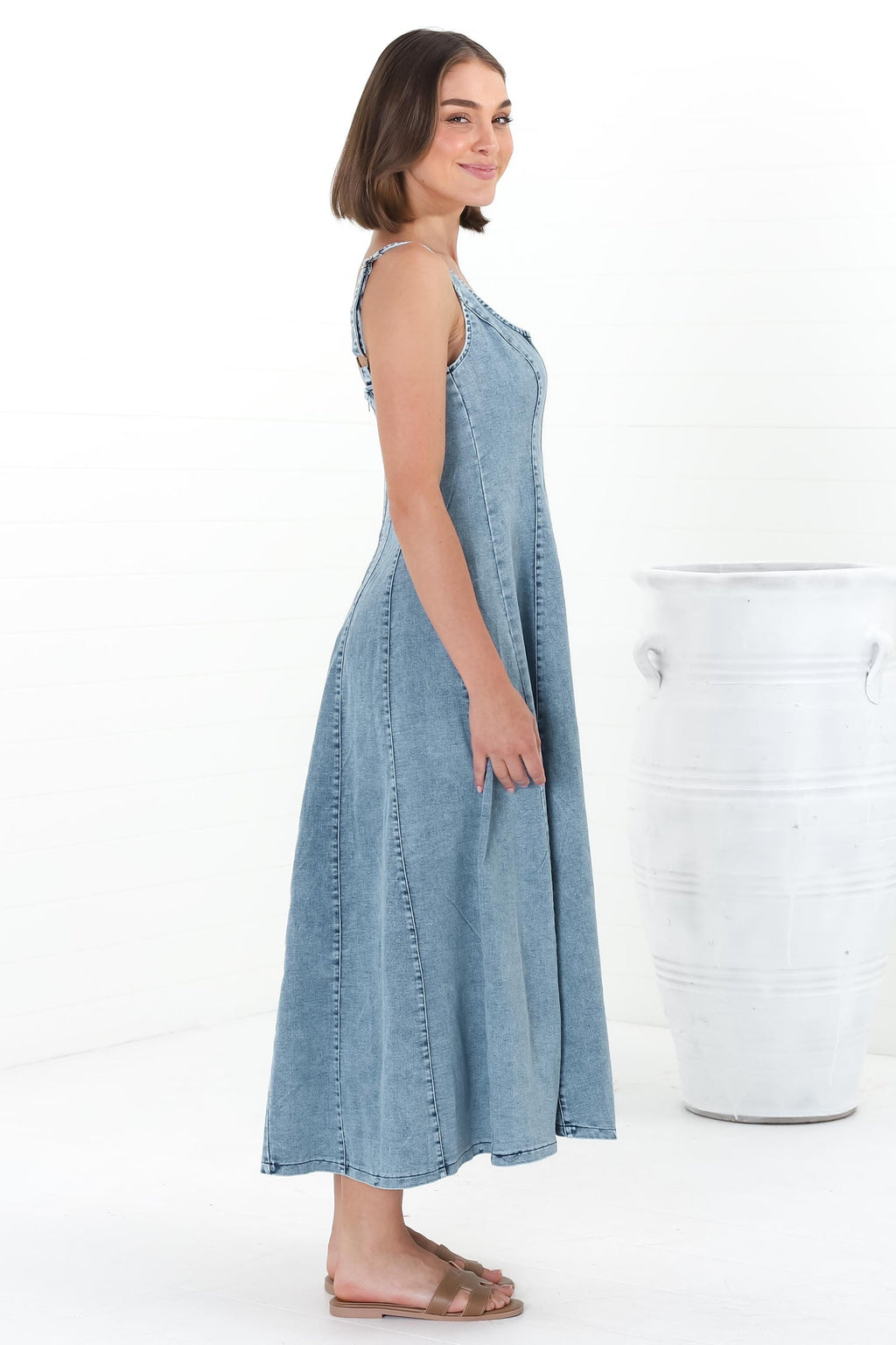 Jadely Midi Dress - Adjustable Strap A-Line Denim Sun Dress in Light Denim — gallery