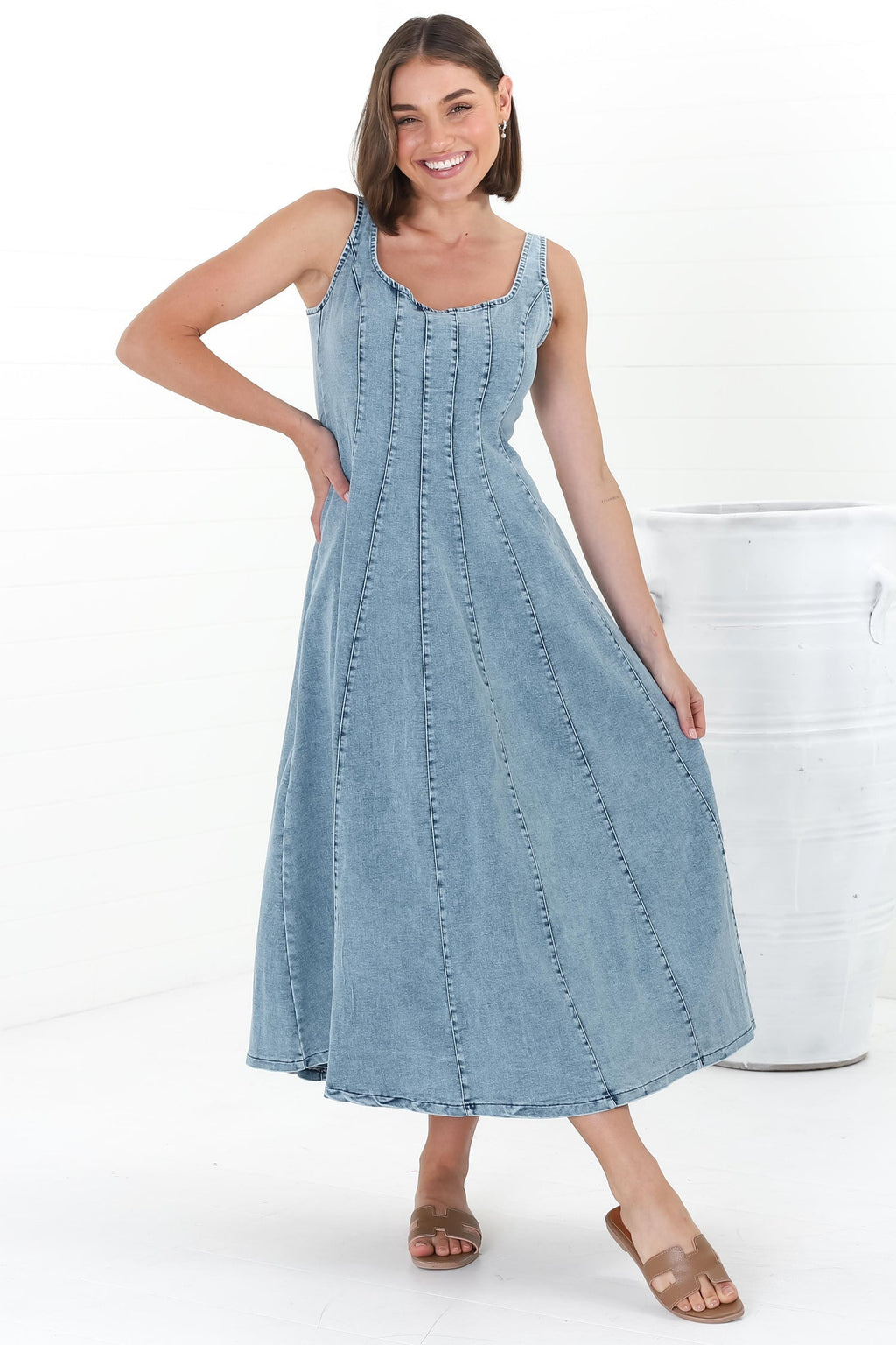 Jadely Midi Dress - Adjustable Strap A-Line Denim Sun Dress in Light Denim — gallery