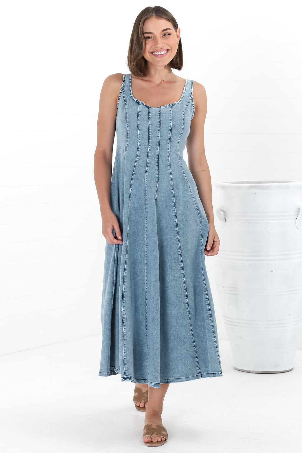 Jadely Midi Dress - Adjustable Strap A-Line Denim Sun Dress in Light Denim — gallery