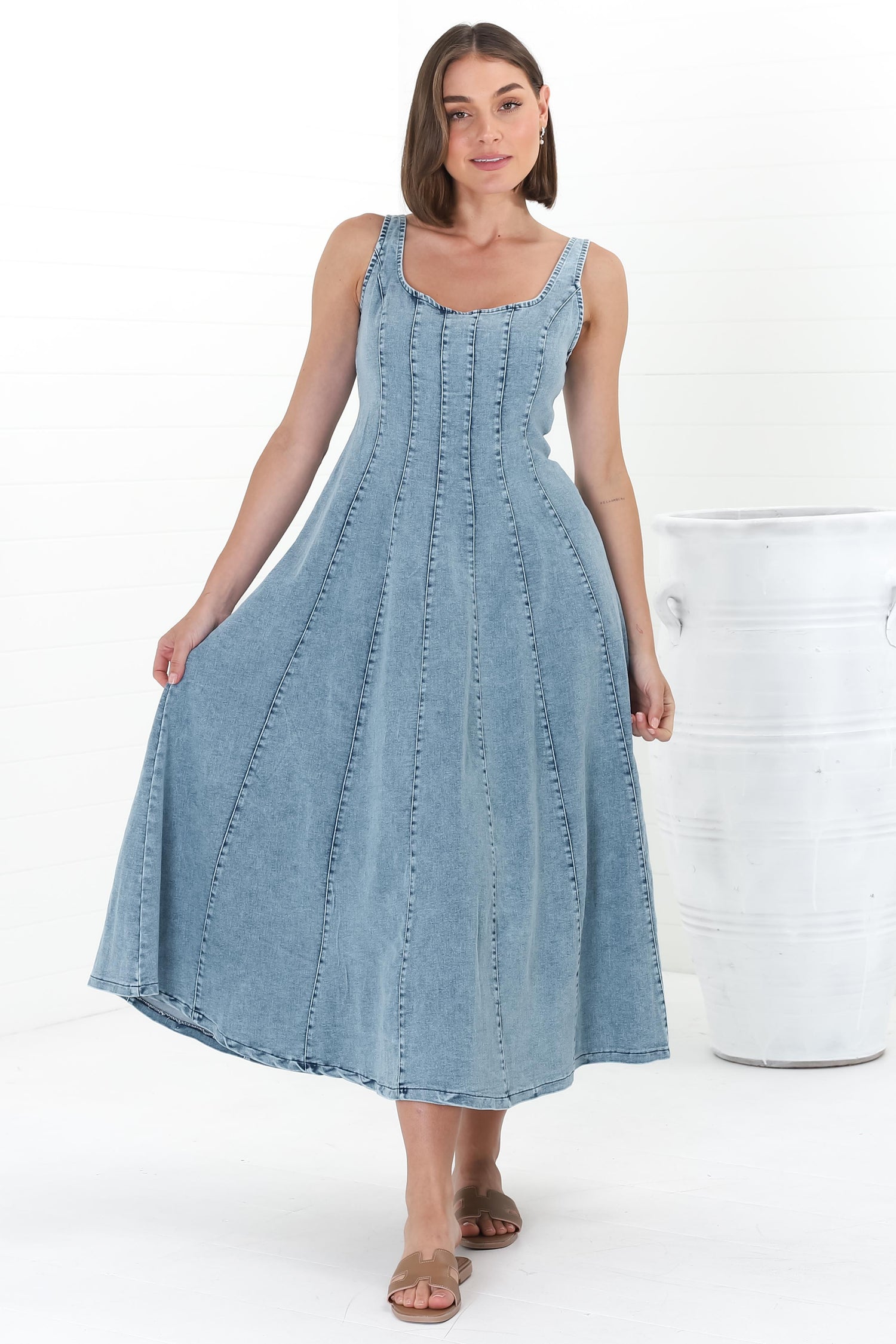 Jadely Midi Dress - Adjustable Strap A-Line Denim Sun Dress in Light Denim — gallery