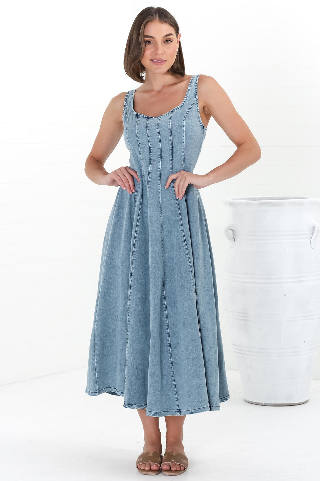 Jadely Midi Dress - Adjustable Strap A-Line Denim Sun Dress in Light Denim — gallery