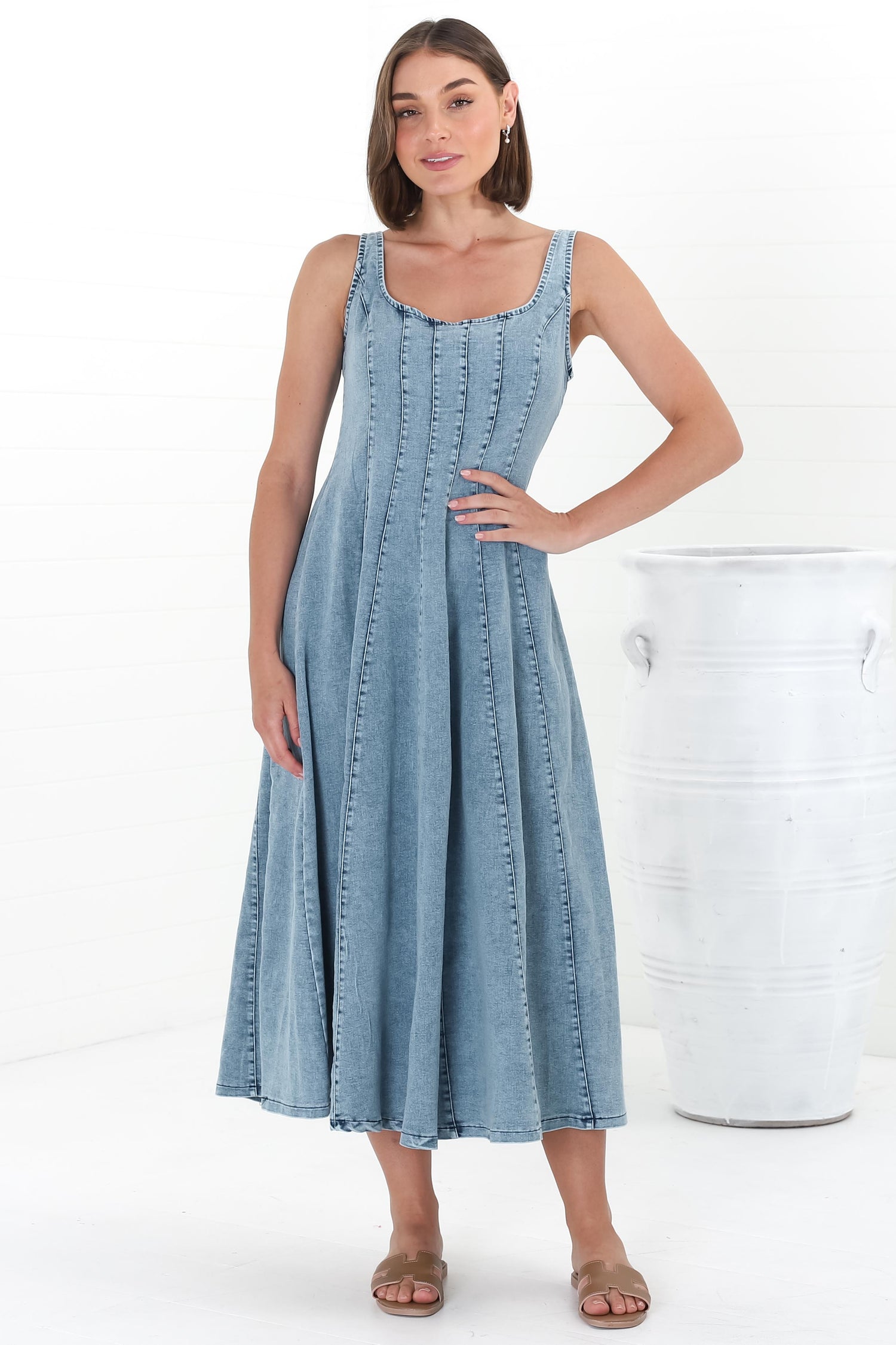 Jadely Midi Dress - Adjustable Strap A-Line Denim Sun Dress in Light Denim — gallery