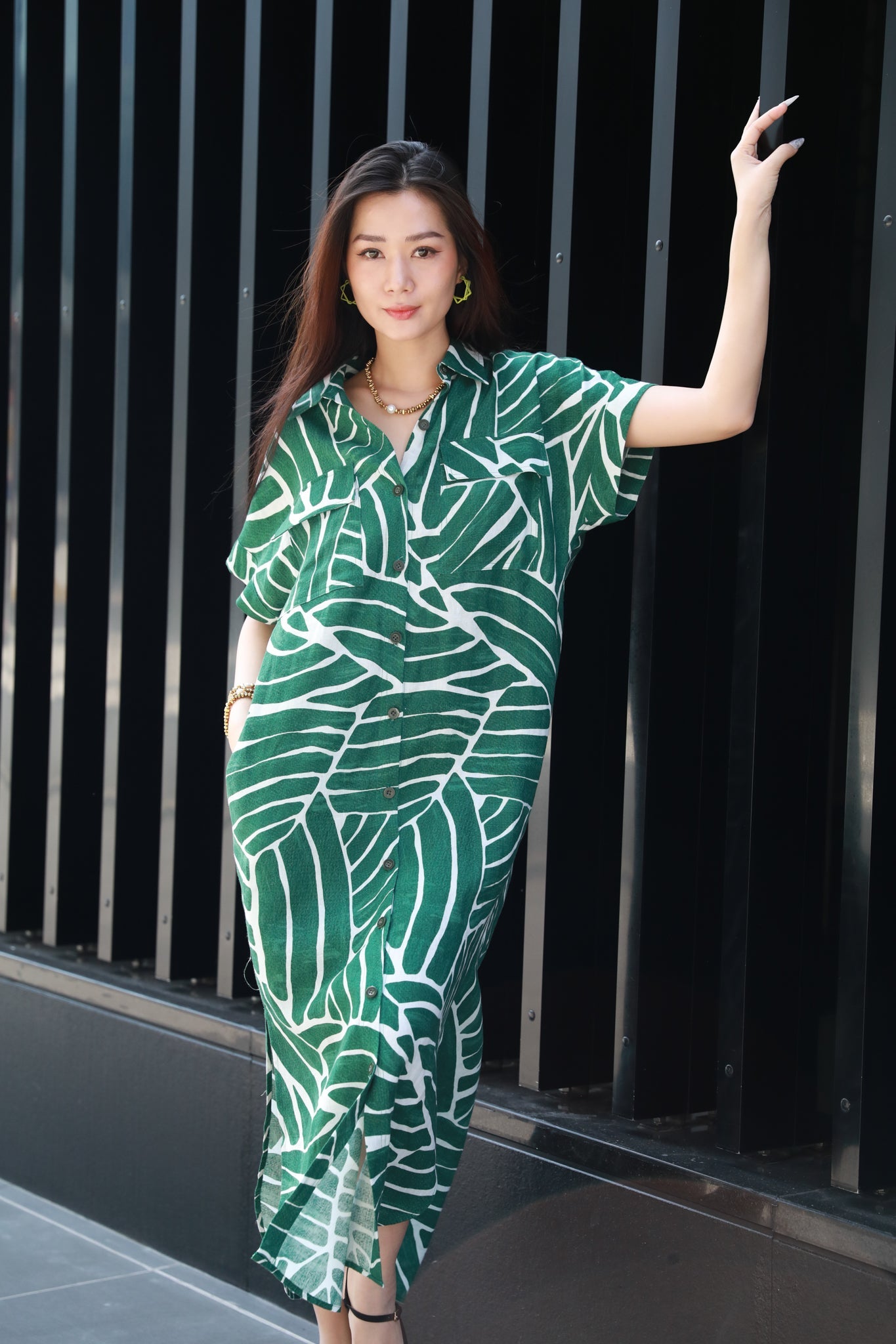 Jungle Rhythm Linen Maxi Shirt Dress for Women - gallery
