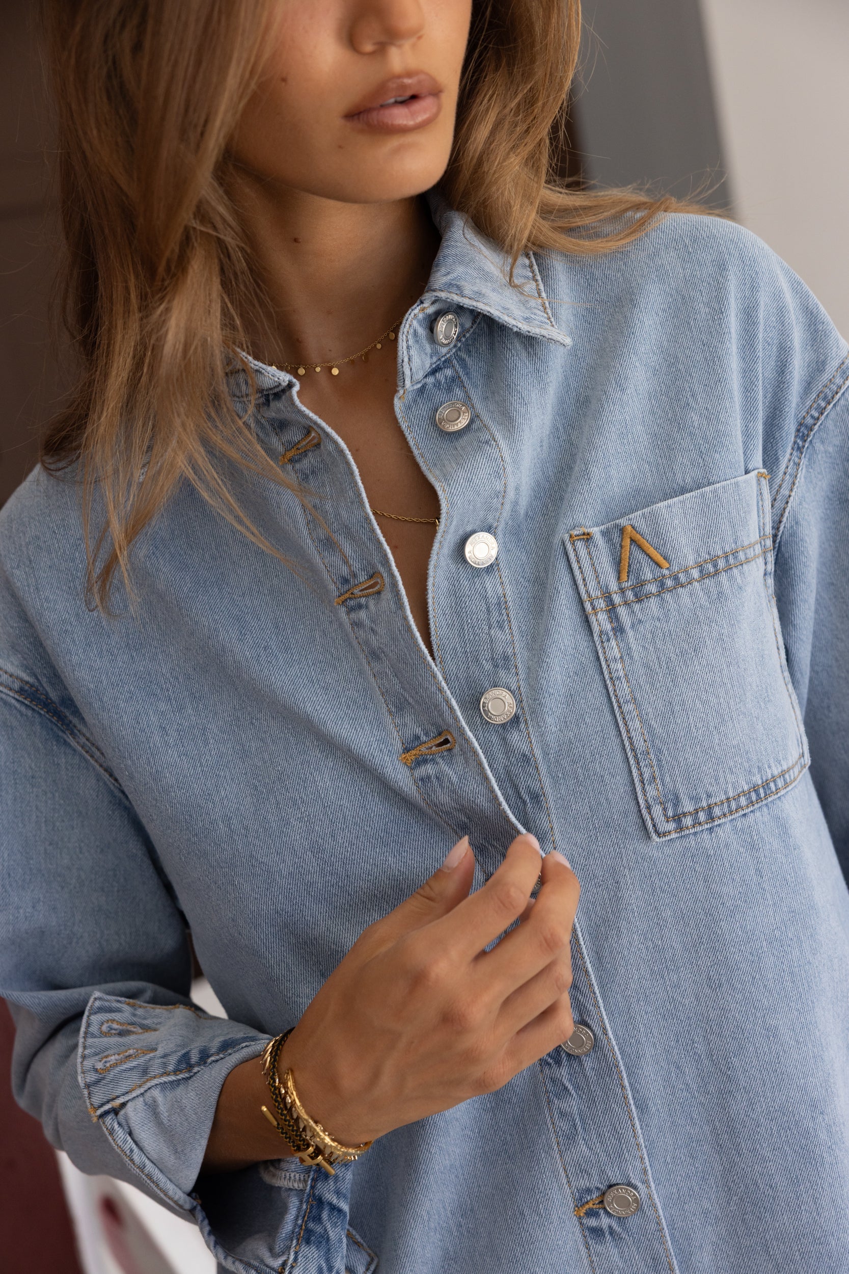 Light Blue Wash Cotton Mini Dress for Women — Classic Collar - gallery