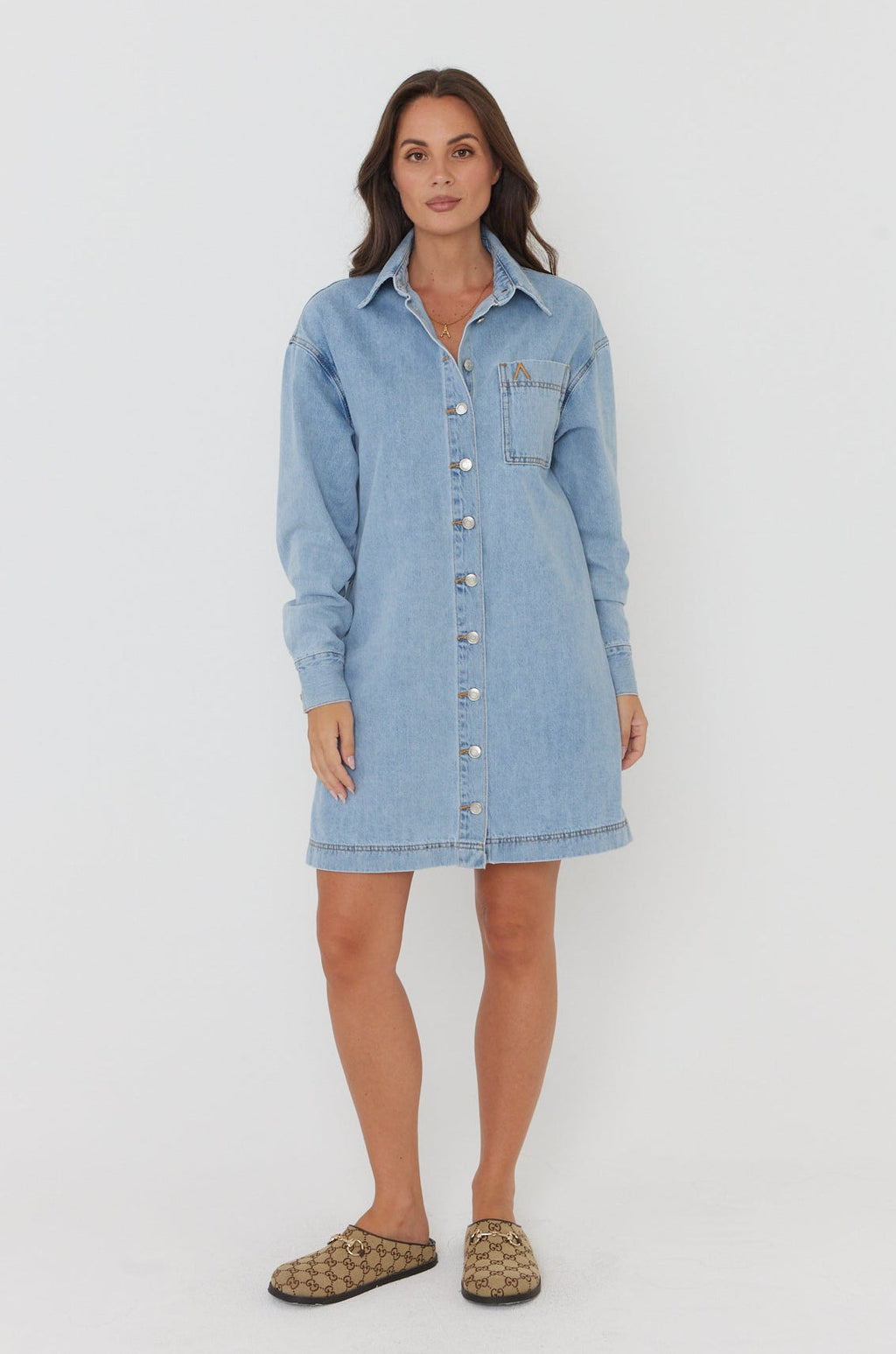 Light Blue Wash Cotton Mini Dress for Women — Classic Collar - gallery