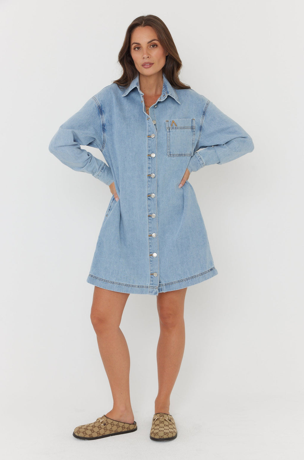Light Blue Wash Cotton Mini Dress for Women — Classic Collar - gallery