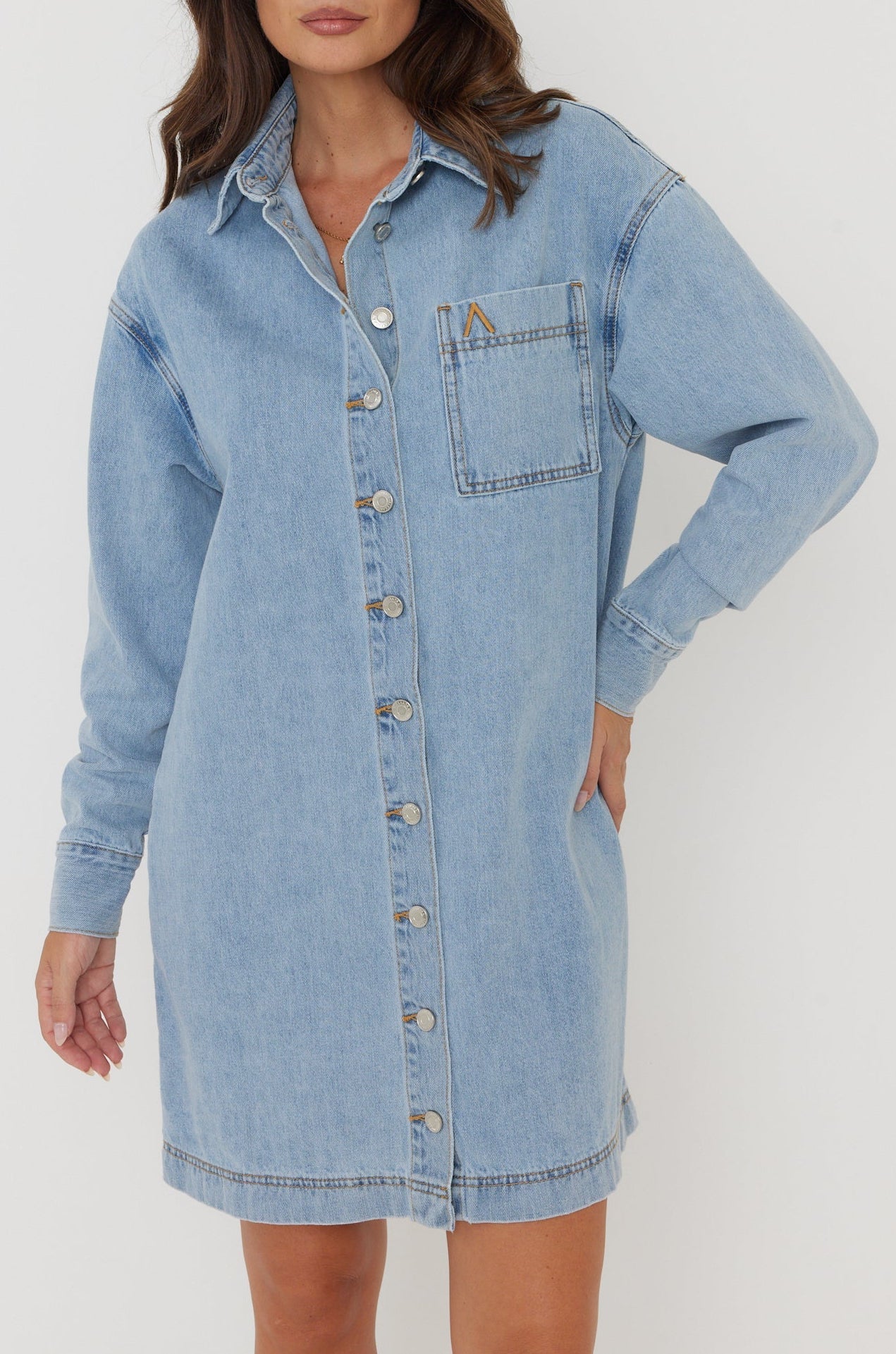 Light Blue Wash Cotton Mini Dress for Women — Classic Collar - gallery