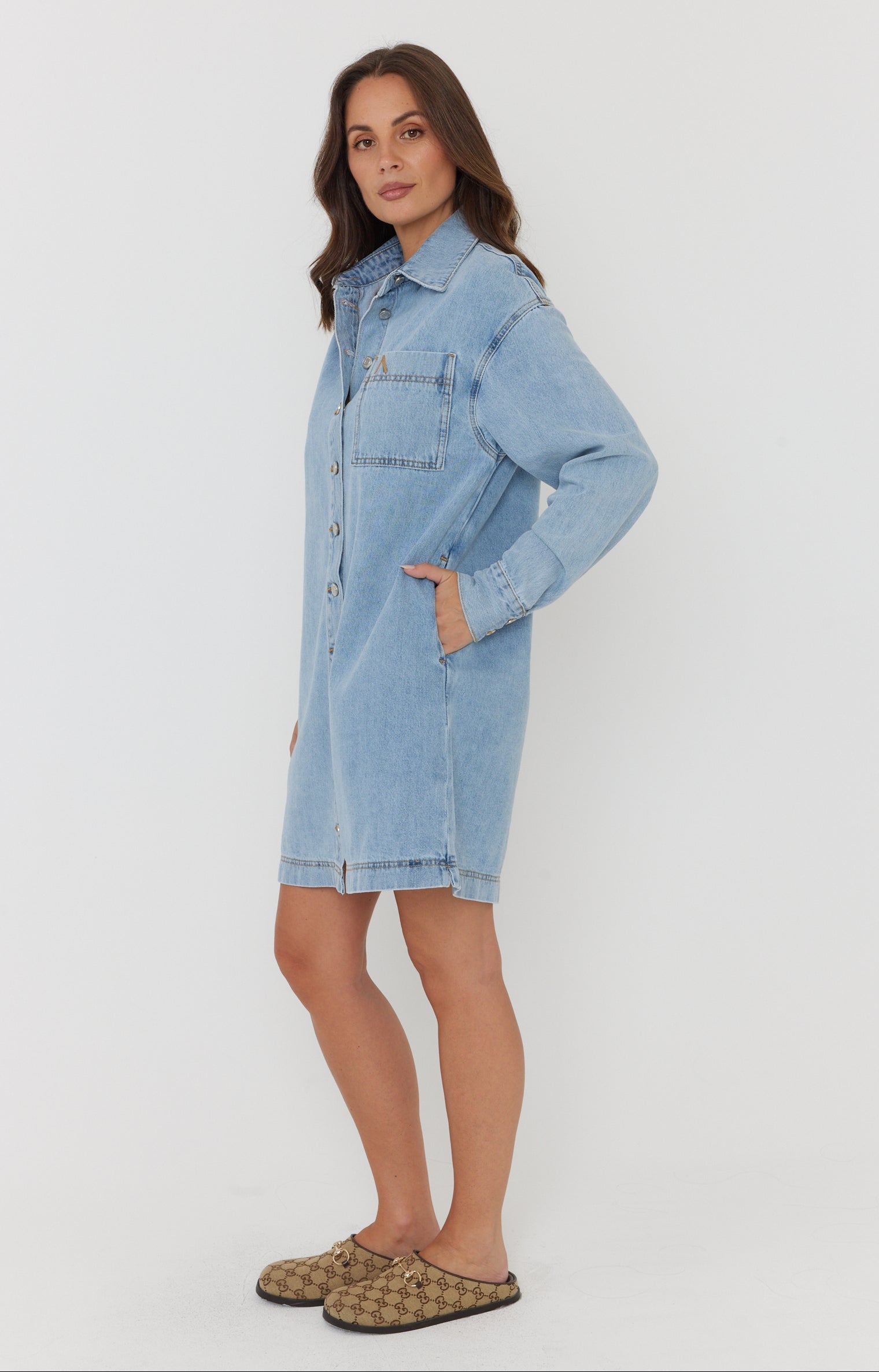 Light Blue Wash Cotton Mini Dress for Women — Classic Collar - gallery