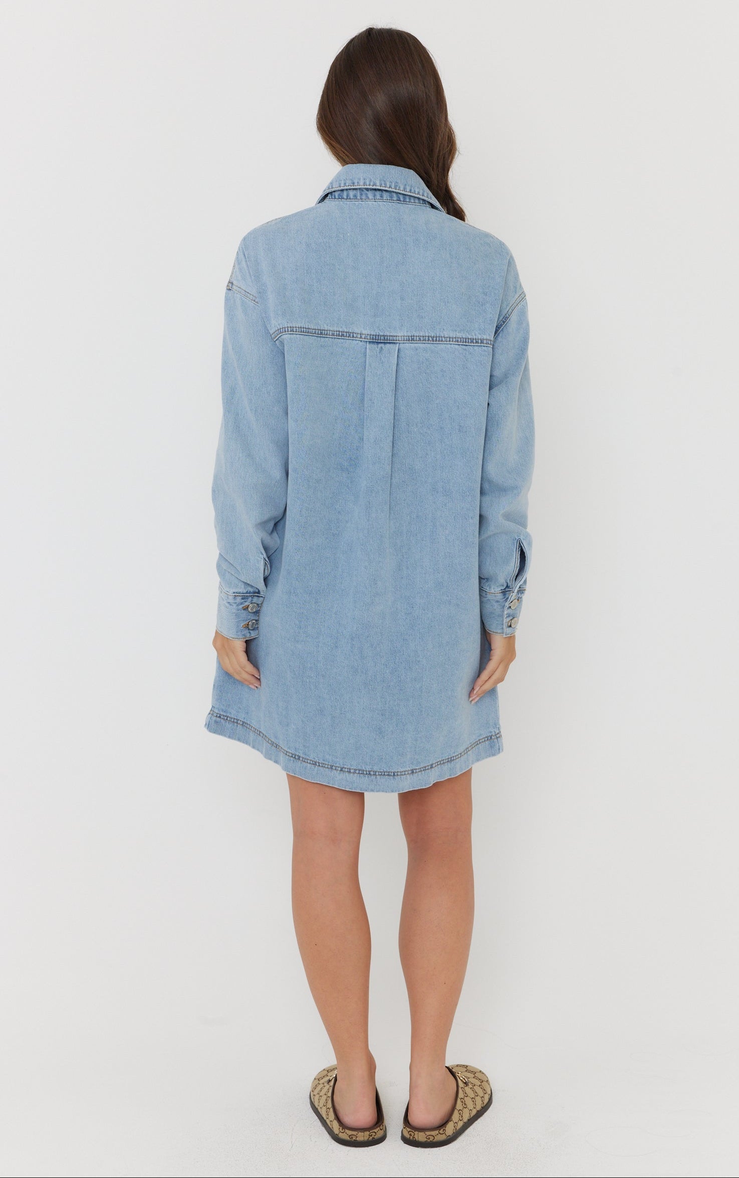 Light Blue Wash Cotton Mini Dress for Women — Classic Collar - gallery